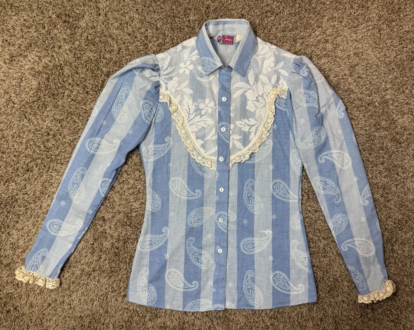80s Cameo Rose Blouse Shirt Small Prairie Lace Cuff Western Housewife Paisley
