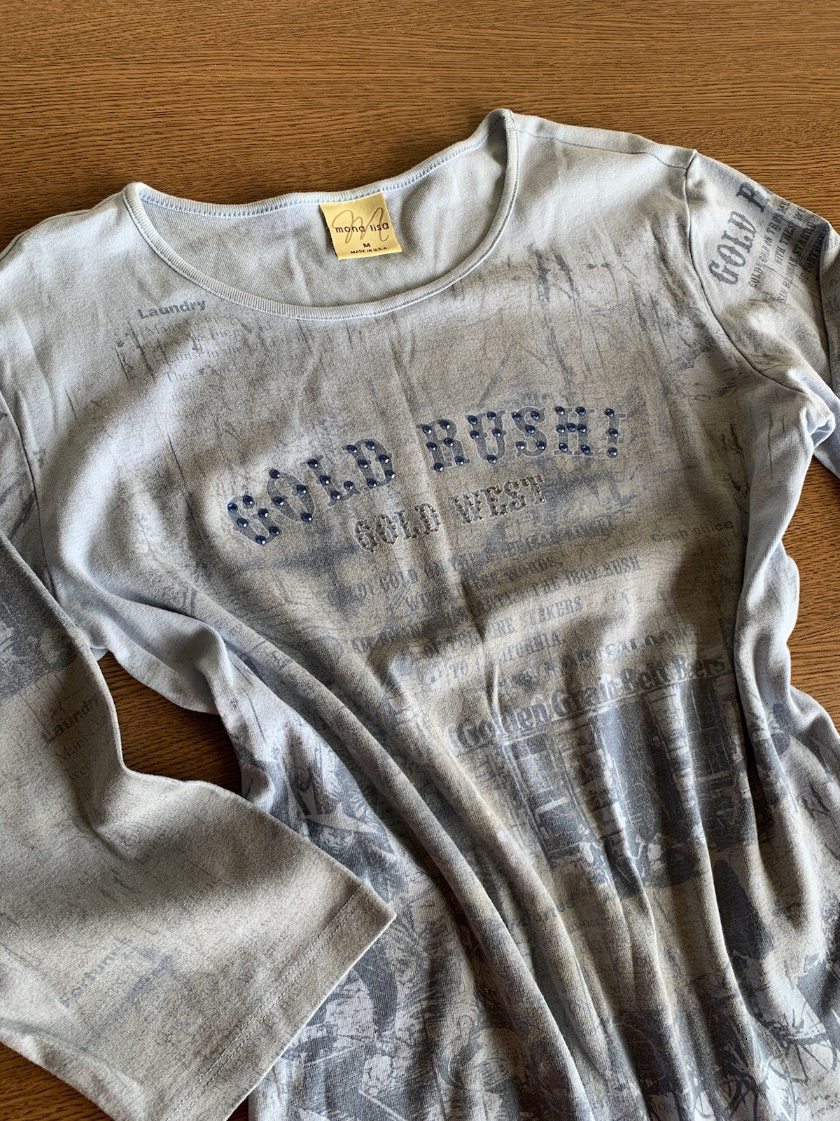 Vintage Y2K 90s Rhinestone Gold Rush Shirt By Mona Lisa Size Medium