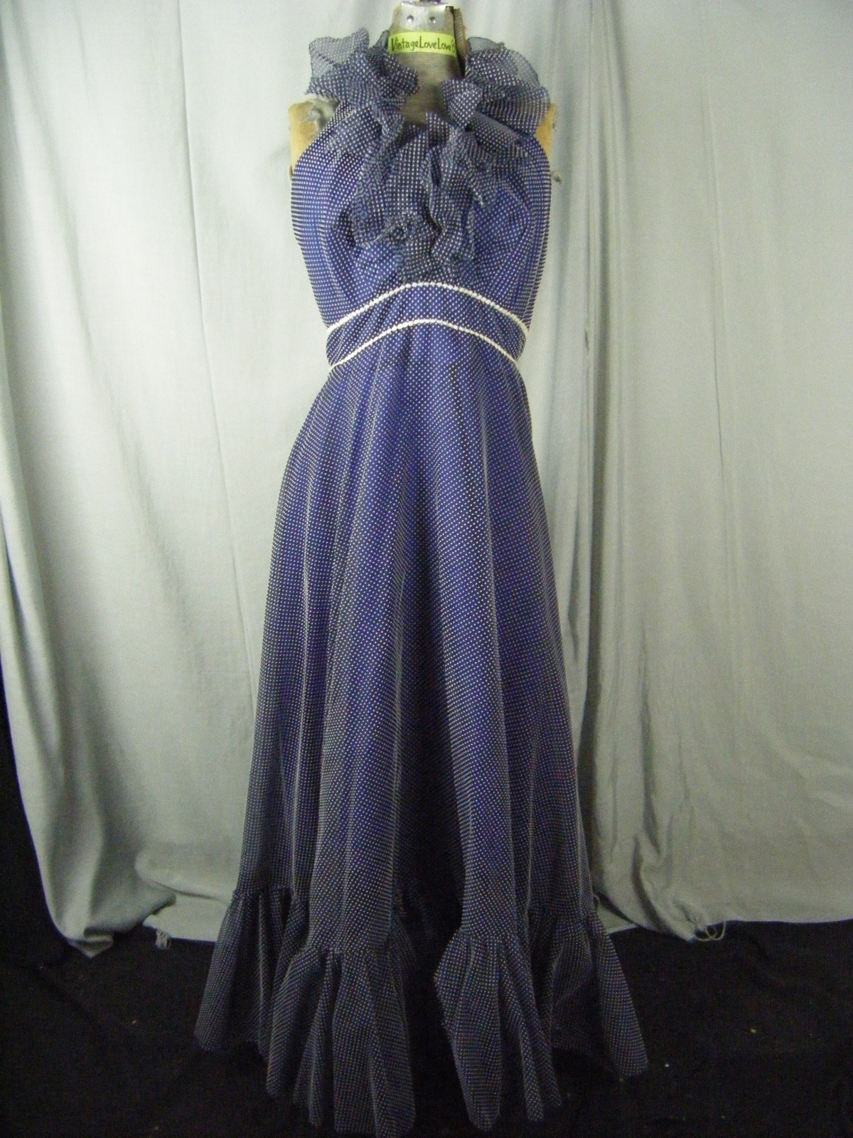 MIKE BENETT FORMALS Vtg 70s Navy Felt Dots Ruffle Halter Dress-Bust 34/XS