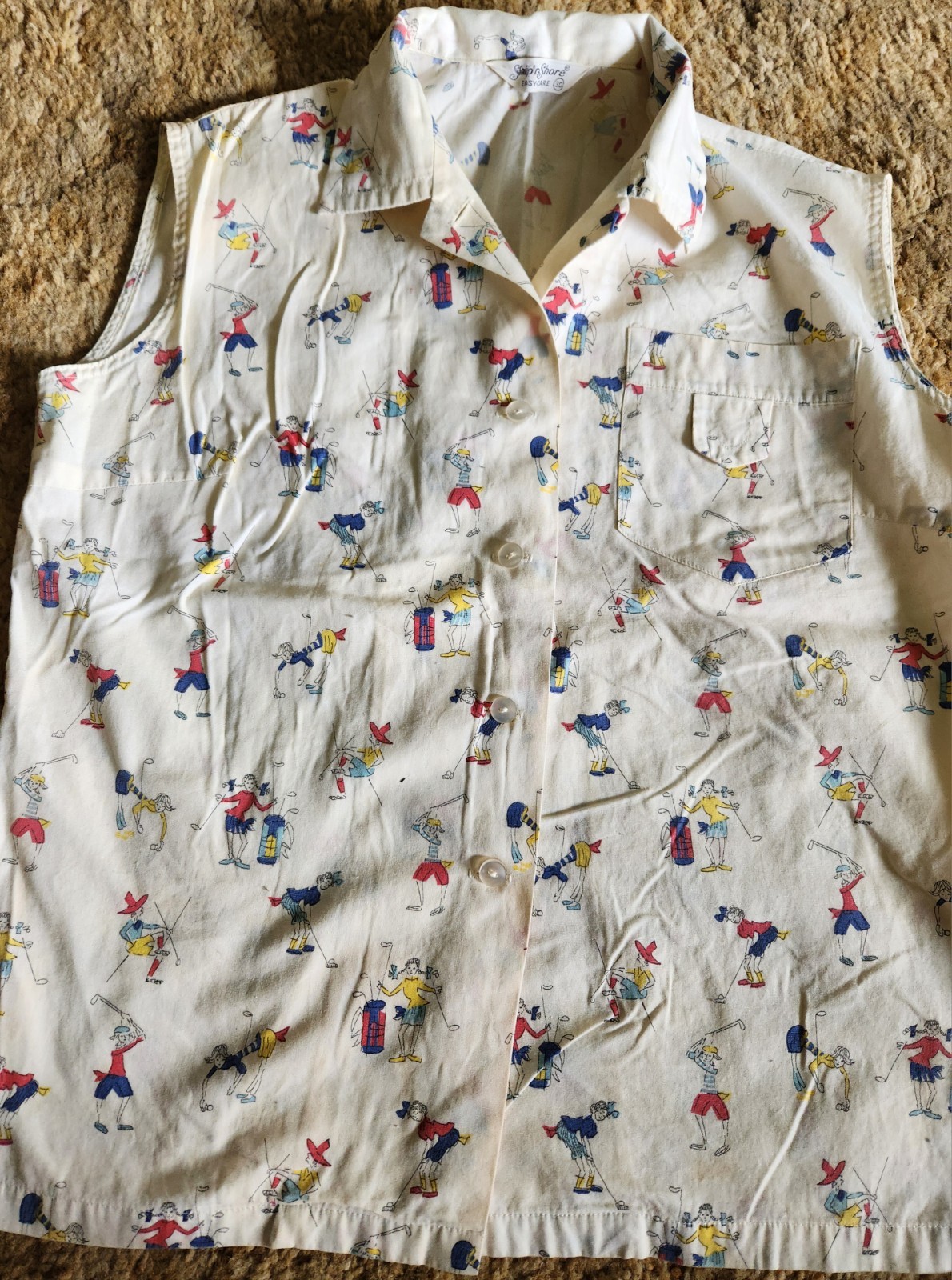 60’s vintage Ship’nShore Cotton SHIRT sleeveless BLOUSE size 30 lady GOLF motifs