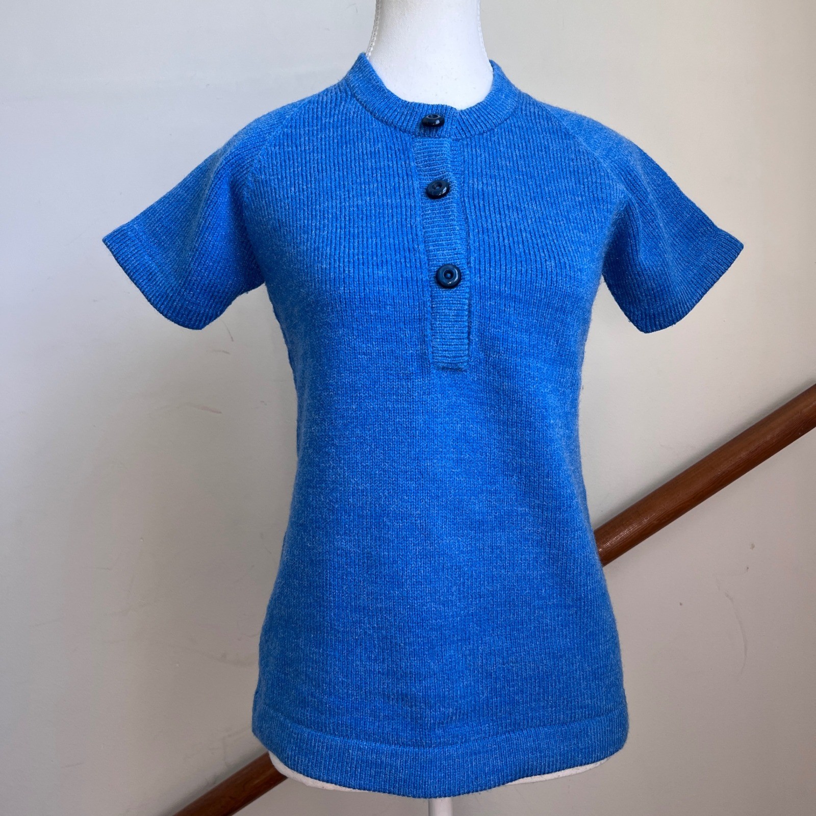 Vintage 70s Knit Henley Top Small Blue Short Sleeve Raglan Retro Minimalist