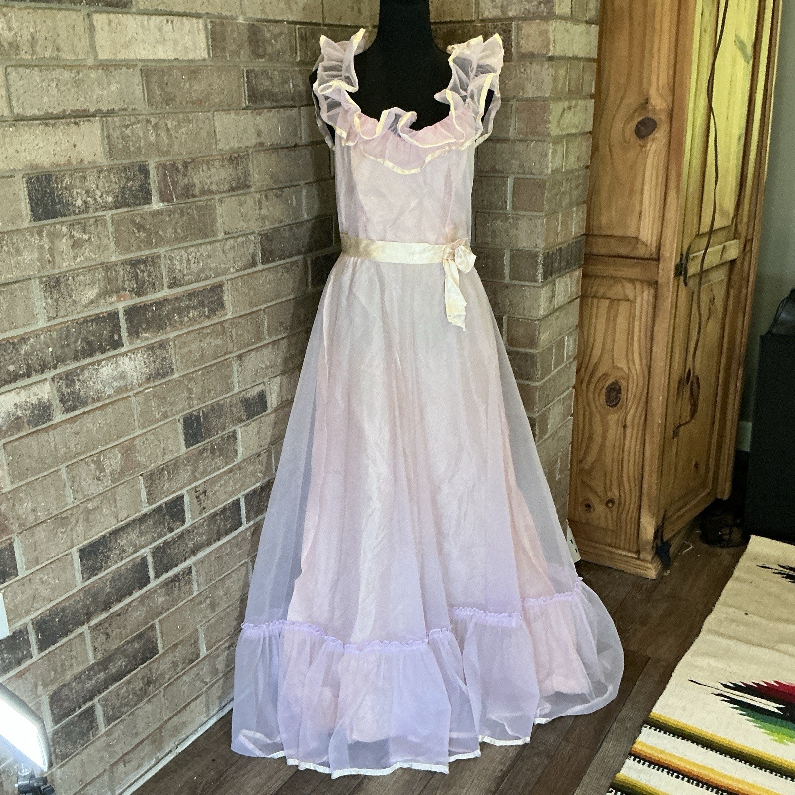 VTG Prom Party Dress Size 13/14 Pink Lavender Organza Ruffle Union USA Made #29F