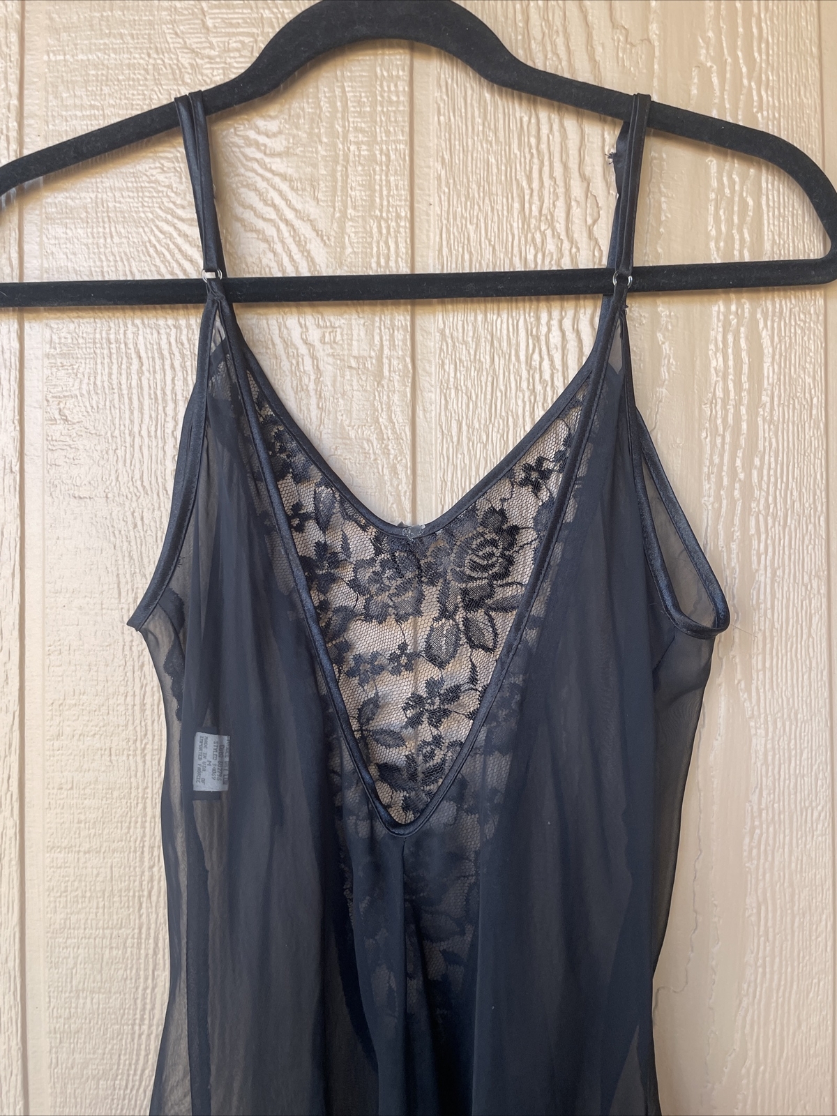 VINTAGE by FREDERICK’S of HOLLYWOOD BLACK Chiffon LACE Négligée NIGHTGOWN M sexy