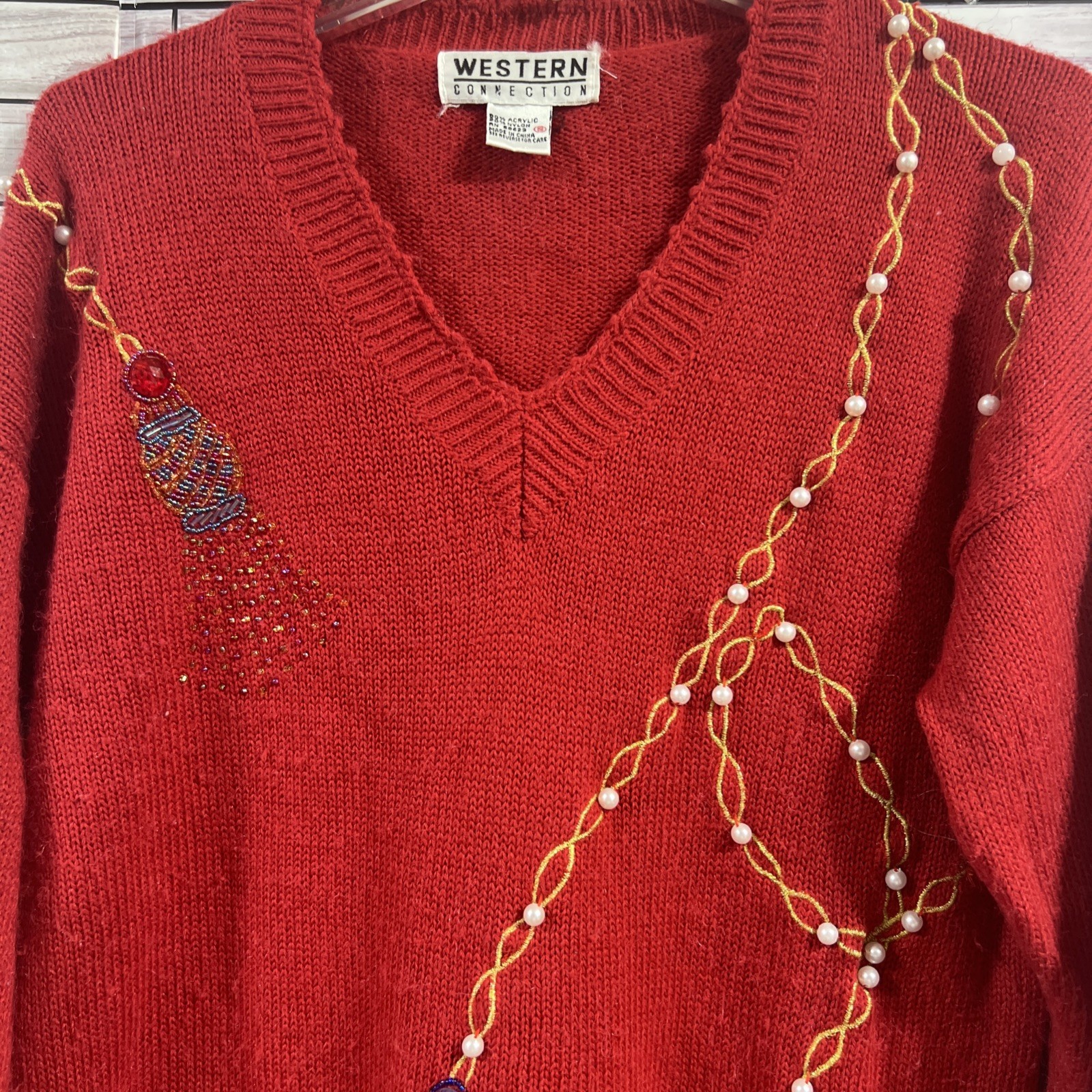 VTG Western Connection womens S tunic Sweater Red pearls beaded v neck 80s Retro