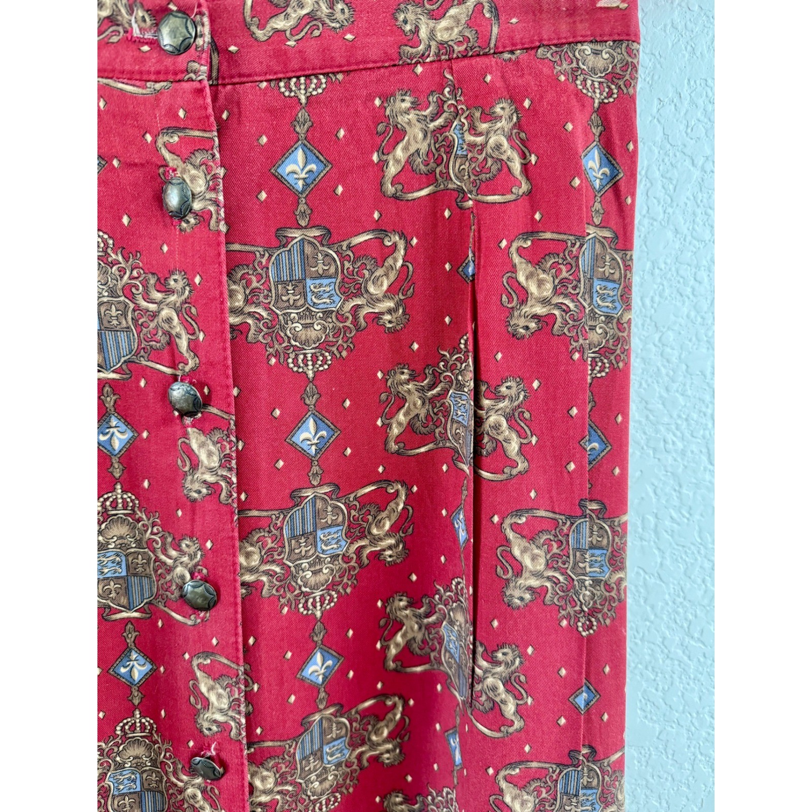 Signature by Jerell Maxi Skirt Women S Red Vintage Heraldic Crest Button Front