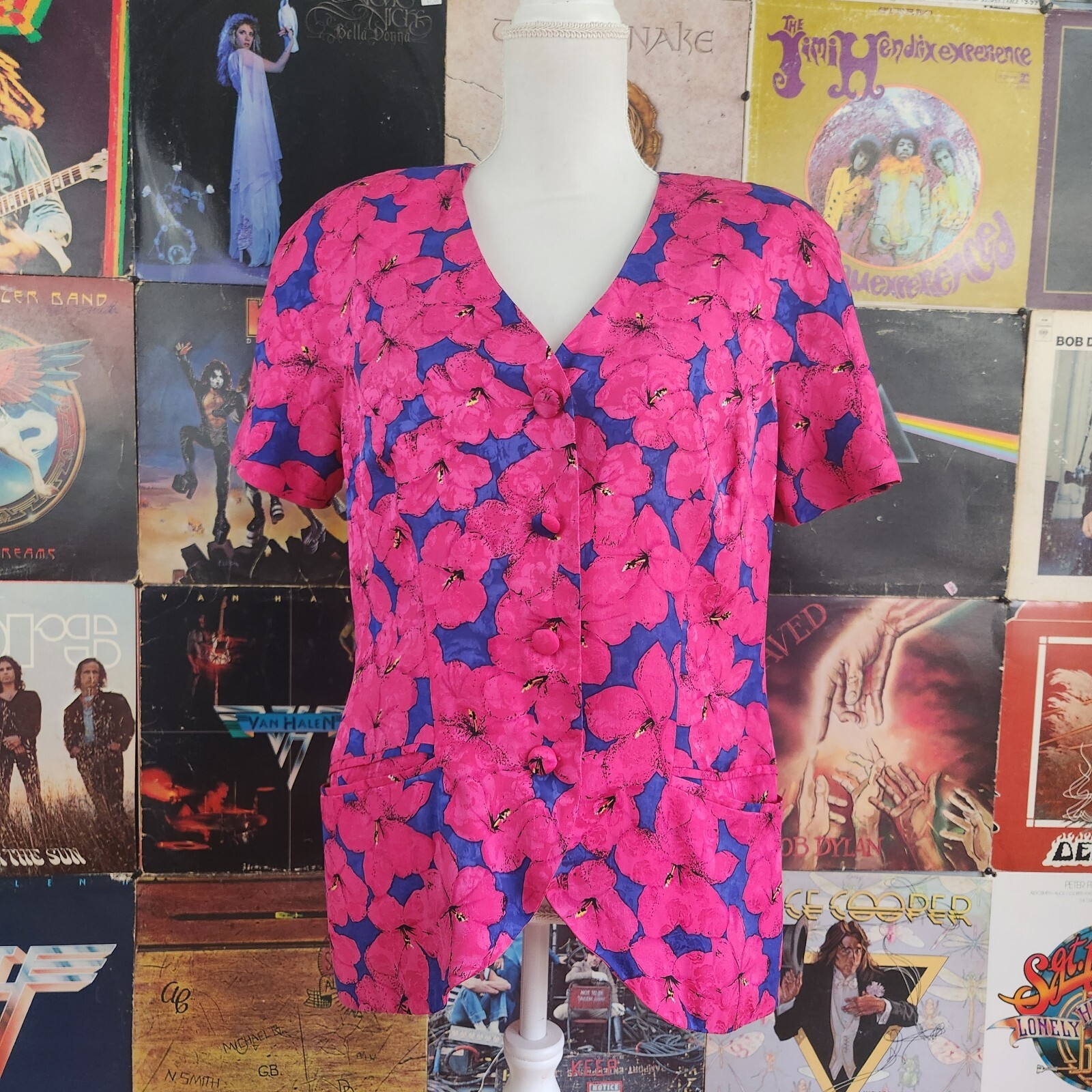Vintage 80s Adriana Papell Pink Floral Silk Blouse Size 14