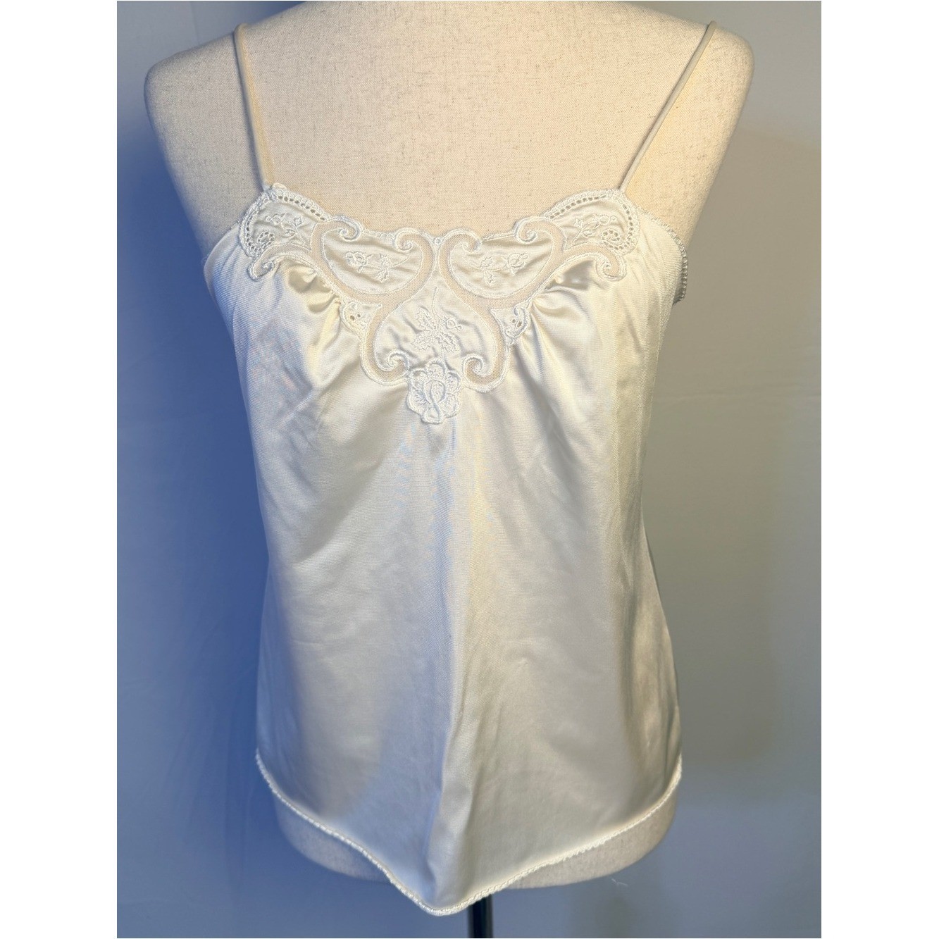 Vintage Vanity Fair cream Satin Lace-Trim Camisole. Feminine and delicate,