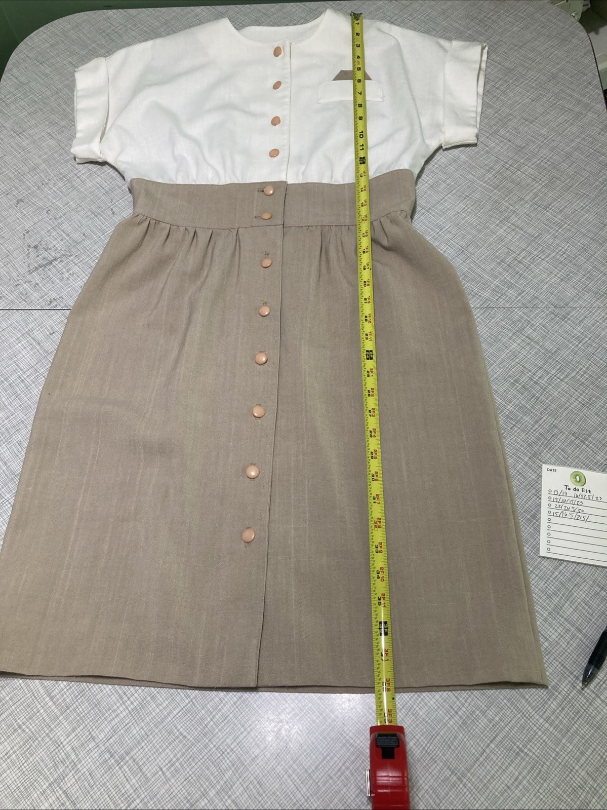 VTG 80s Does 50s Caron Petite Chicago Linen Look Dress Cream Tan Shirtdress XS