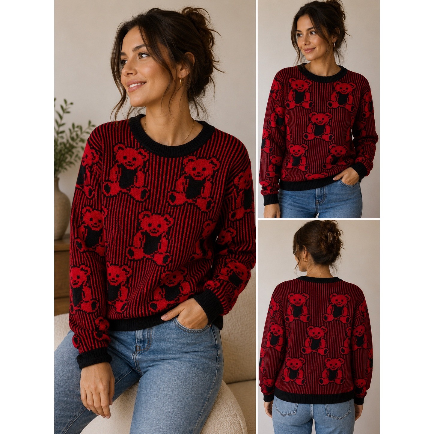 Vintage Teddy Bear Sweater Red Black Novelty Knit Cottagecore Grandmacore USA L