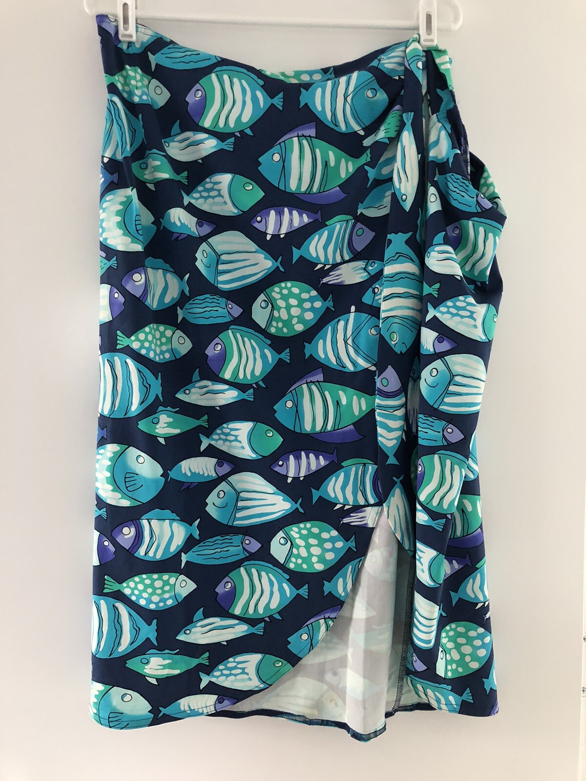 Vintage Tapemeasure Fish Print Wrap Skirt Made in USA Nylon Lycra