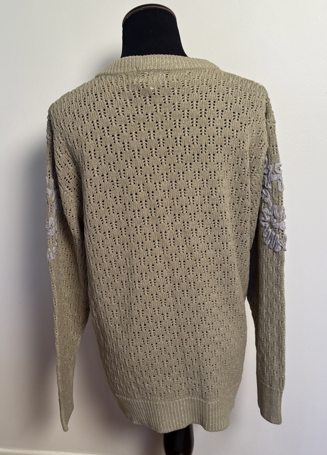 Vintage Fully Fashion Crochet Knit Appliqué Metallic Cardigan Wool Blend S-M