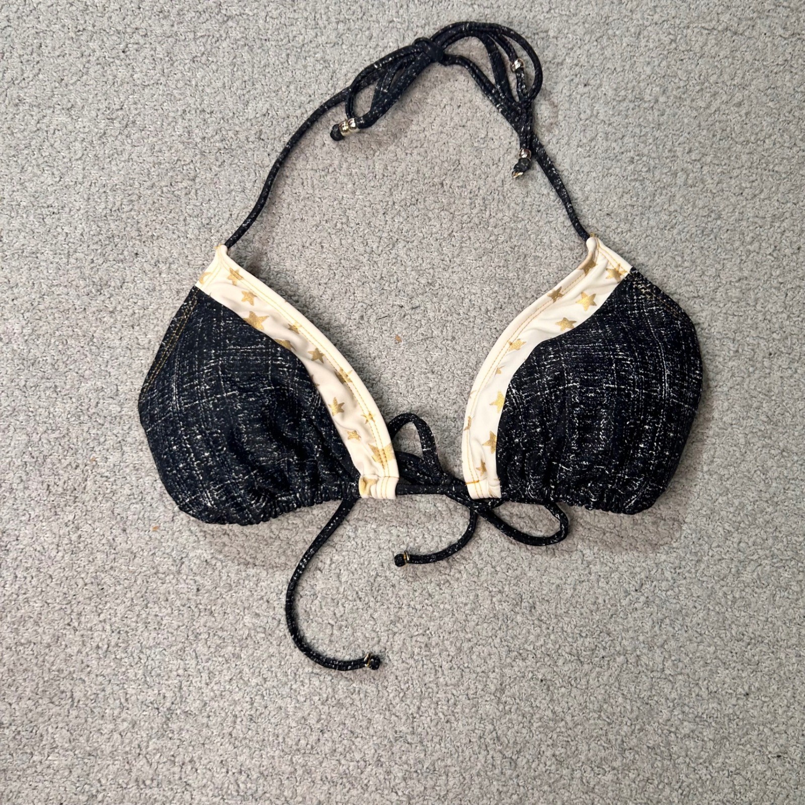 Mudd Vintage Bikini Top Triangle Y2K OS Black Gold Star Denim Print Retro Baddie