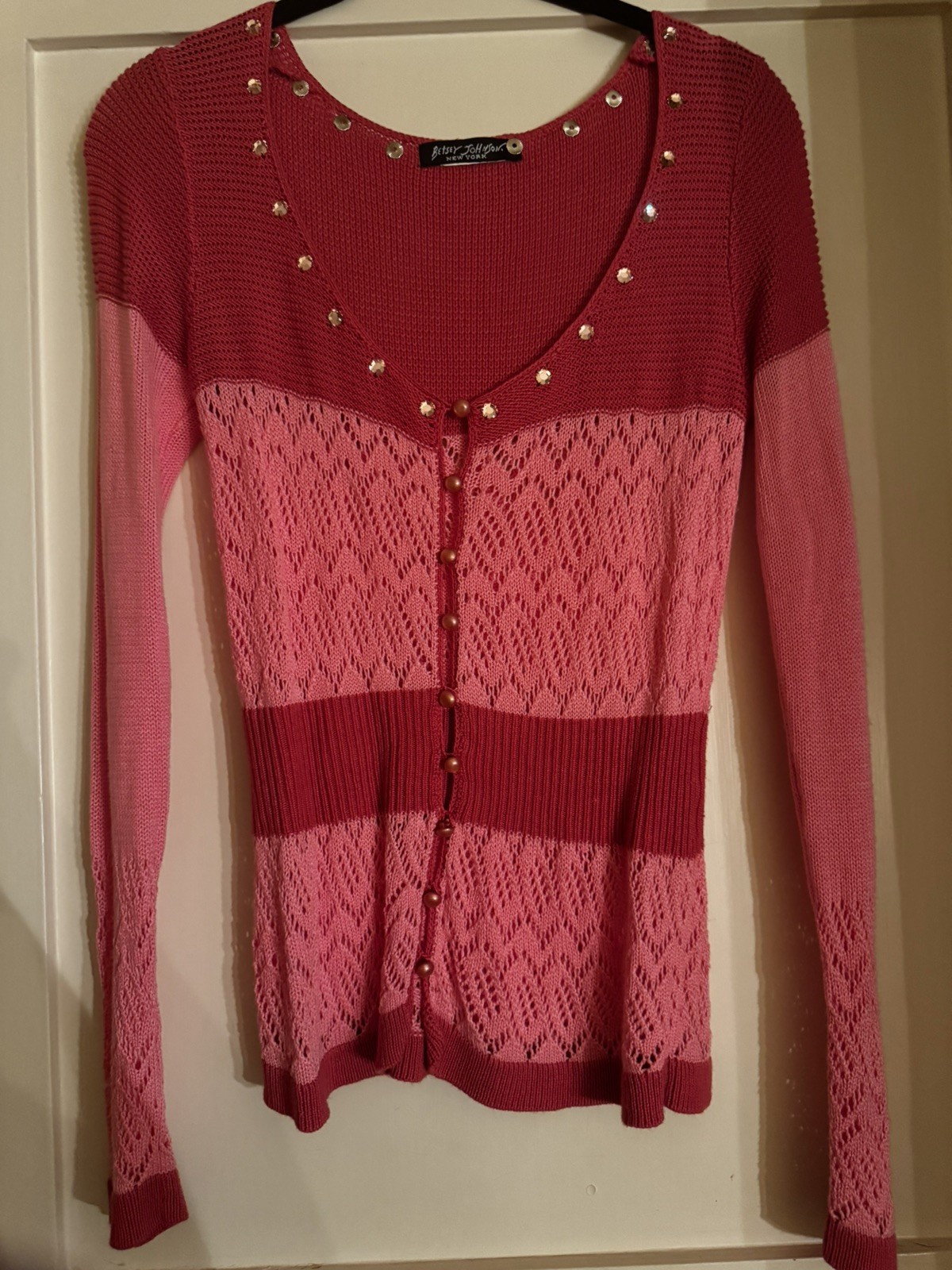 Vintage BETSEY JOHNSON NY Y2K Pink & Red Striped Lacy Cardigan With Rhinestones