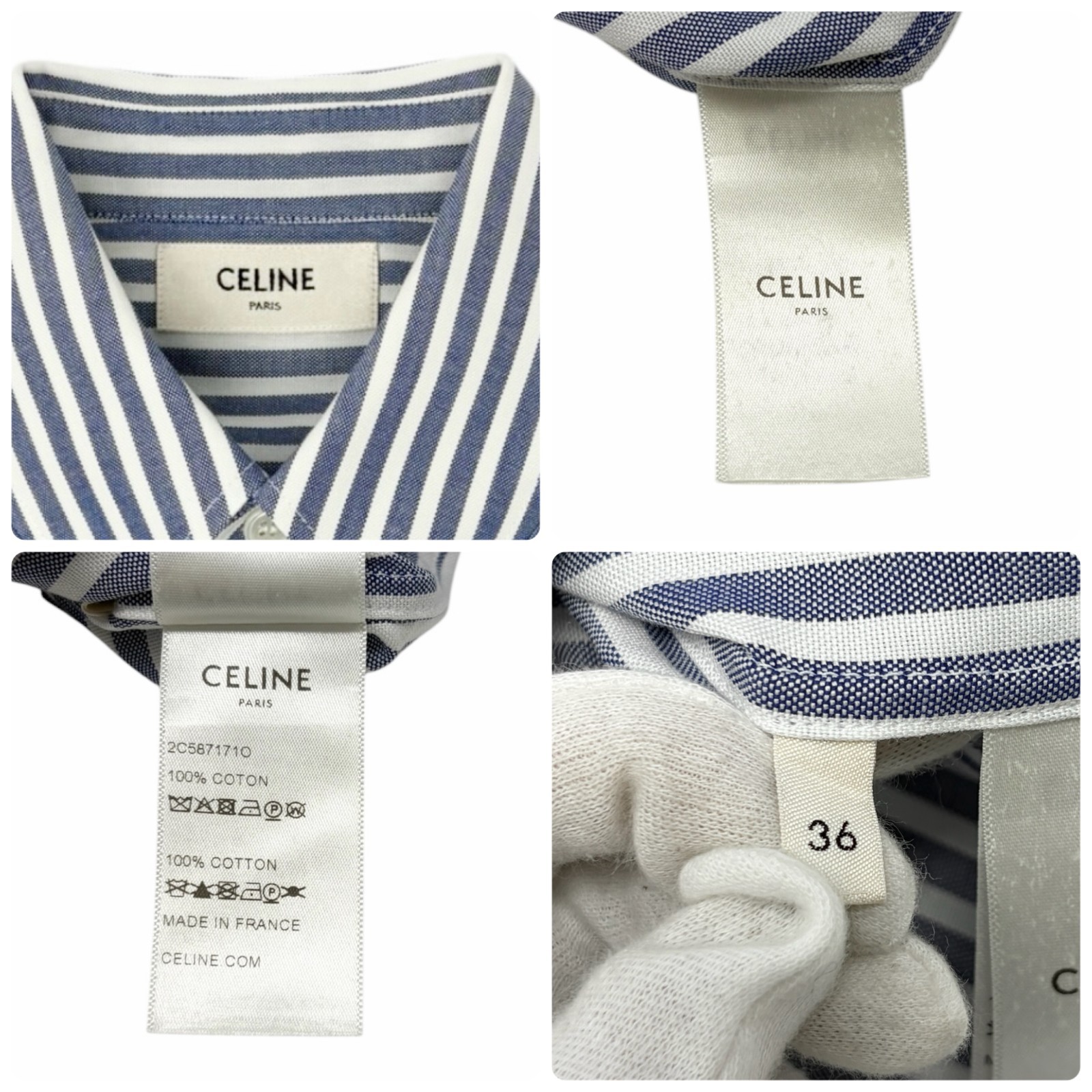 CELINE Triomphe Logo Stripe Button Up Shirt Long Sleeve #36 Blue White Cotton