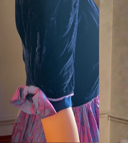 VTG 40s 50s Cocktail Dress Blue Velvet Satin Brocade Iridescent MCM Party 28W S