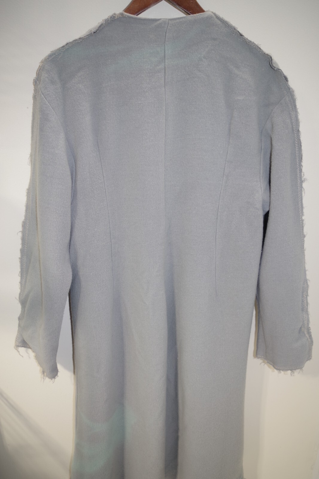 218 – J MORGAN PUETT vintage Long COAT DRESS Gray Wool Gauze SM Snaps Bee Label