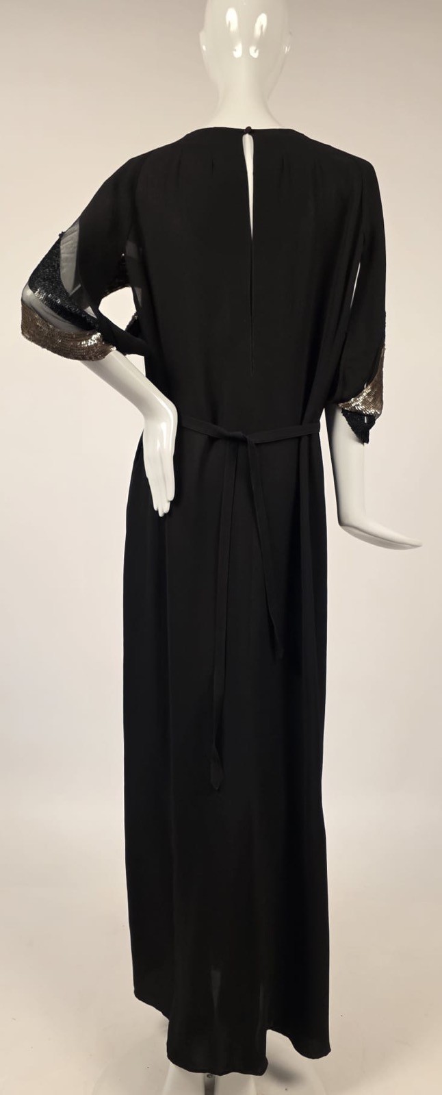 1930’S BLACK CREPE LONG DRESS W SQUARE SEQUIN CHIFFON DRAPED TOP
