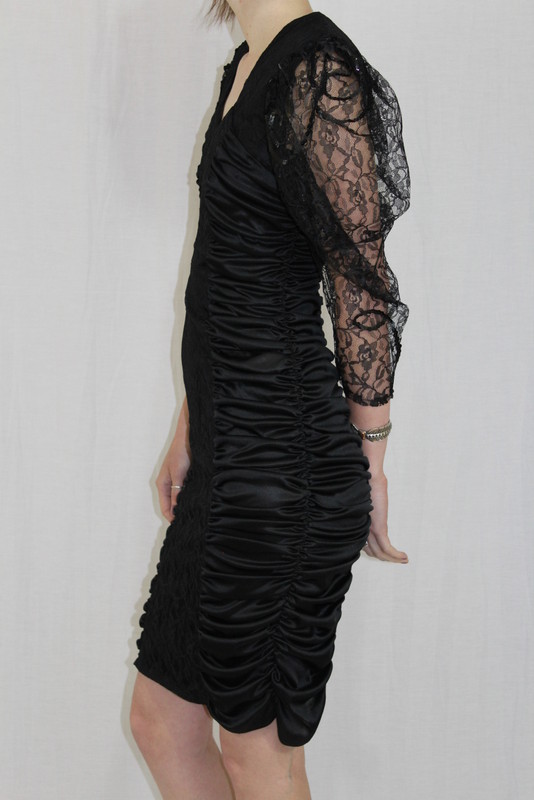 Vintage 80s Black PUFFY Slv Lace RUCHED Open Back Cocktail Party WIGGLE Dress~XS