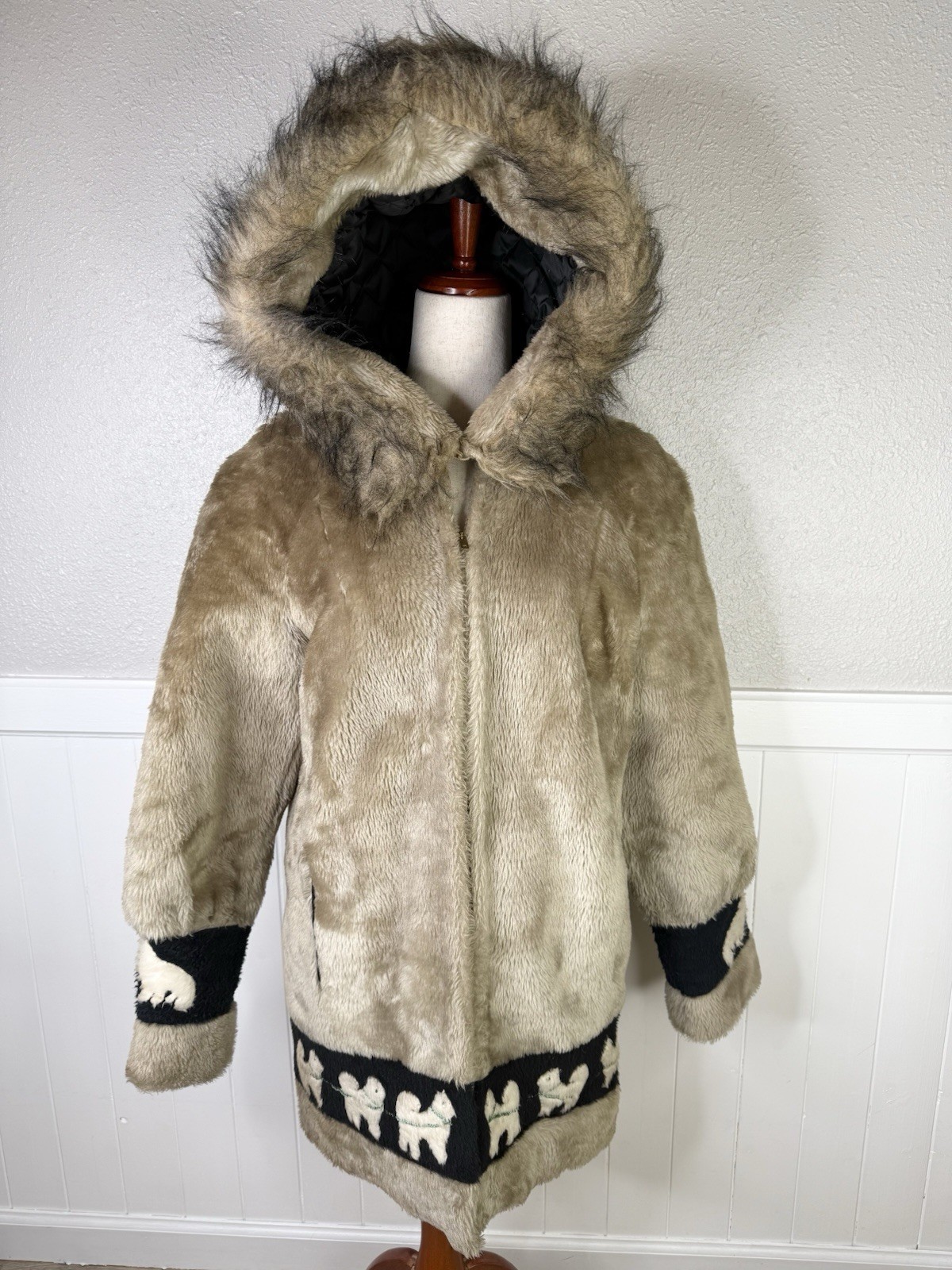 Vtg Faux Fur Hooded Trim Alaska Jacket Coat Inuit Sled Dog Eskimo Talon Zip Sz S