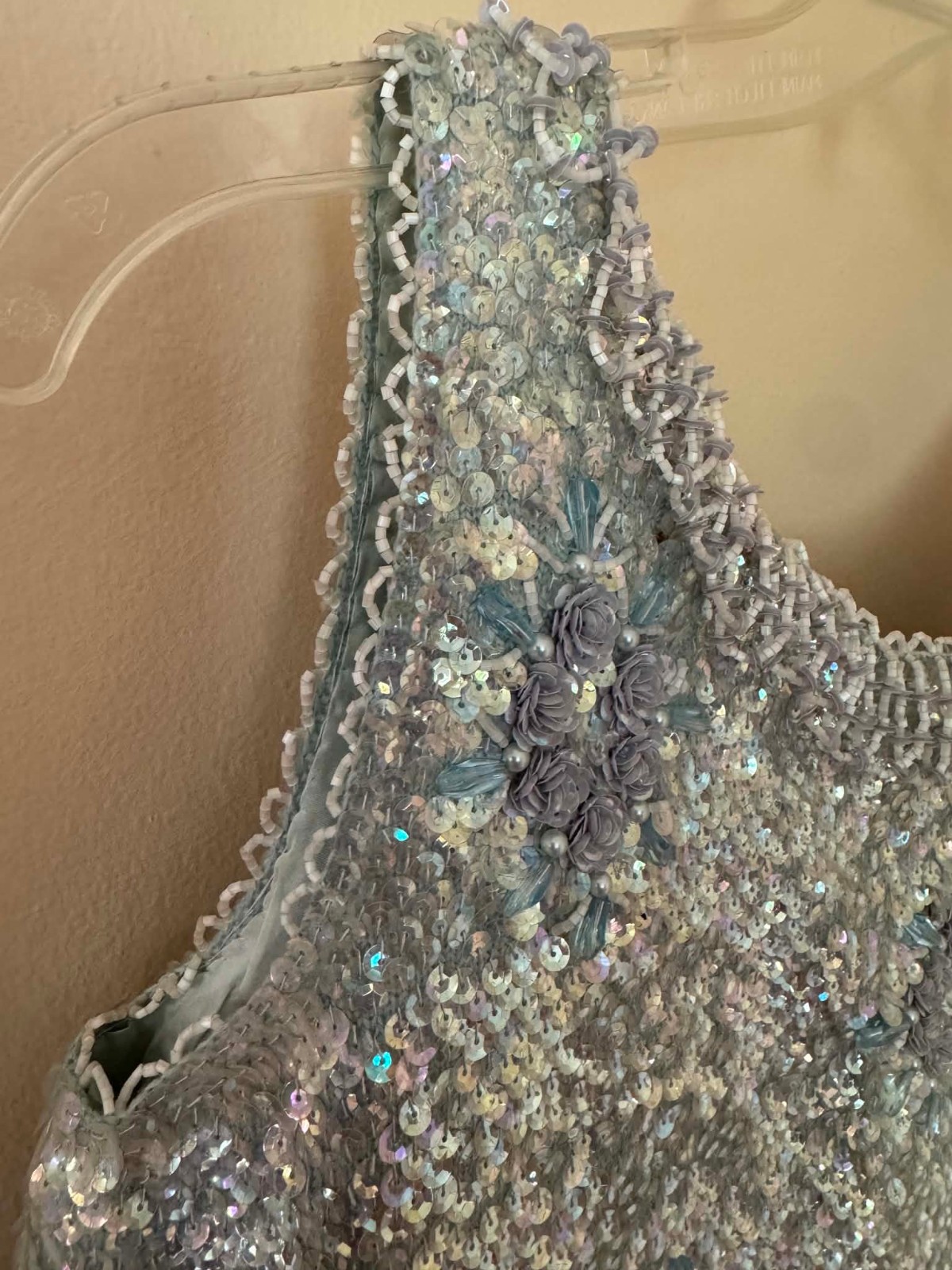 1950’s-60s Ice Blue & Silver Hand Beaded Sequined Wool Top Size M Hong Kong