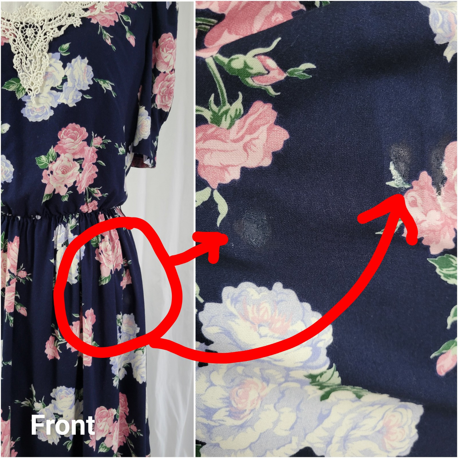 Vtg Lisa II Navy Blue Floral Blouson Dress w White Crochet Trimmed Bib Size M?