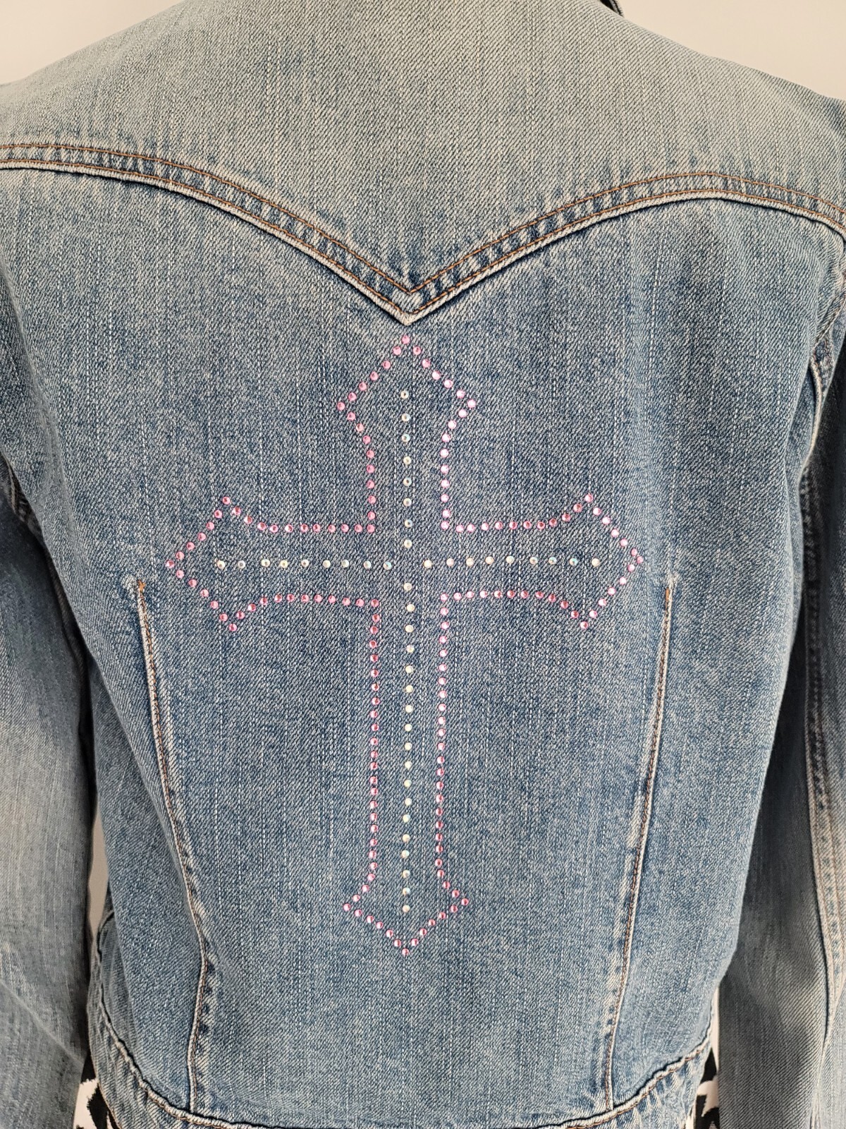 Vintage Y2K Upcycled Redone Custom Bling Gothic Cross Western Jean Jacket Medium