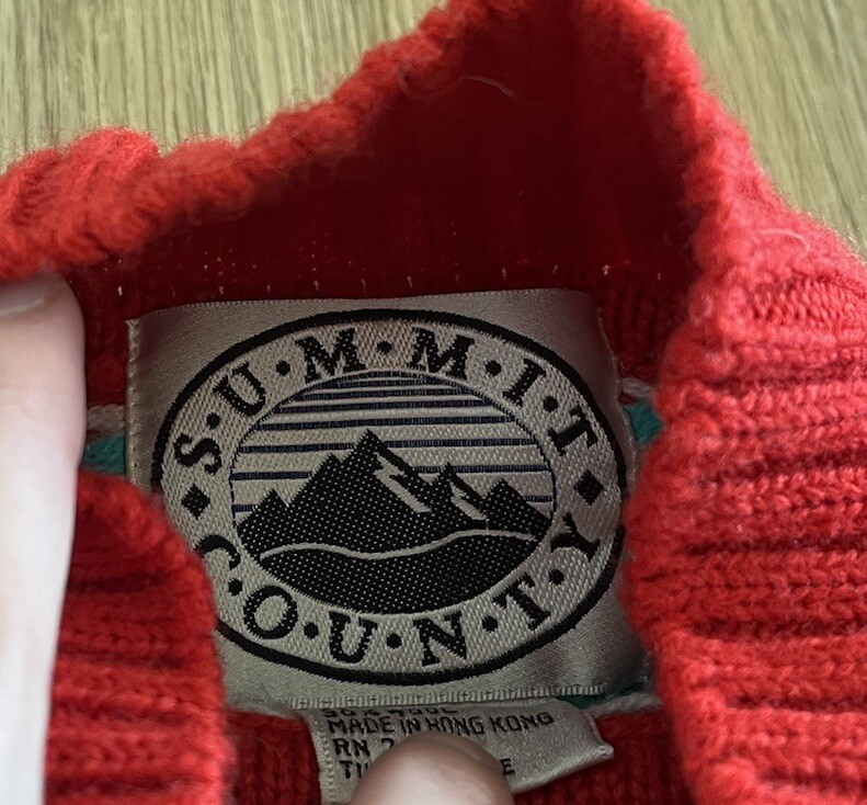 Vintage Summit County Acrylic Wool Cable Knit Red Teal Pullover Holiday Sweater