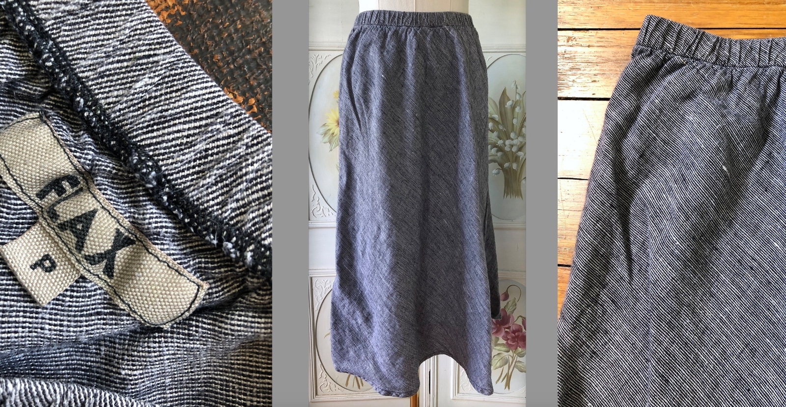 VTG FLAX JEANNE ENGLEHART 100% LINEN SKIRT SALT PEPPER MIDNIGHT BLUE ECRU P EUC