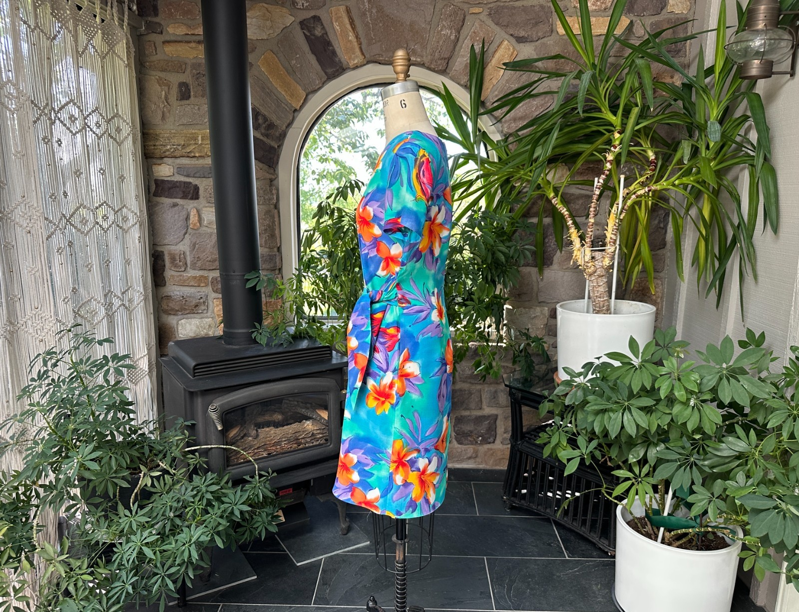 Vintage 1990s Blue and Orange Rayon Floral Sarong Style Dress K C Spencer