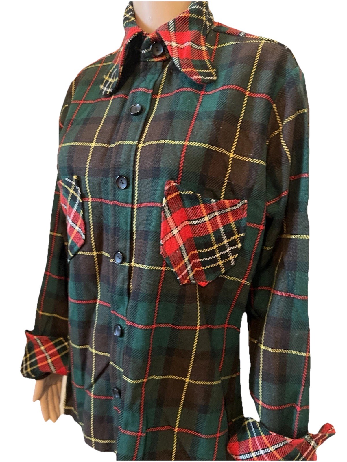 Vintage 1970s Green/Red Tartan Plaid Wool Blouse Women’s L Wide Collar Pockets