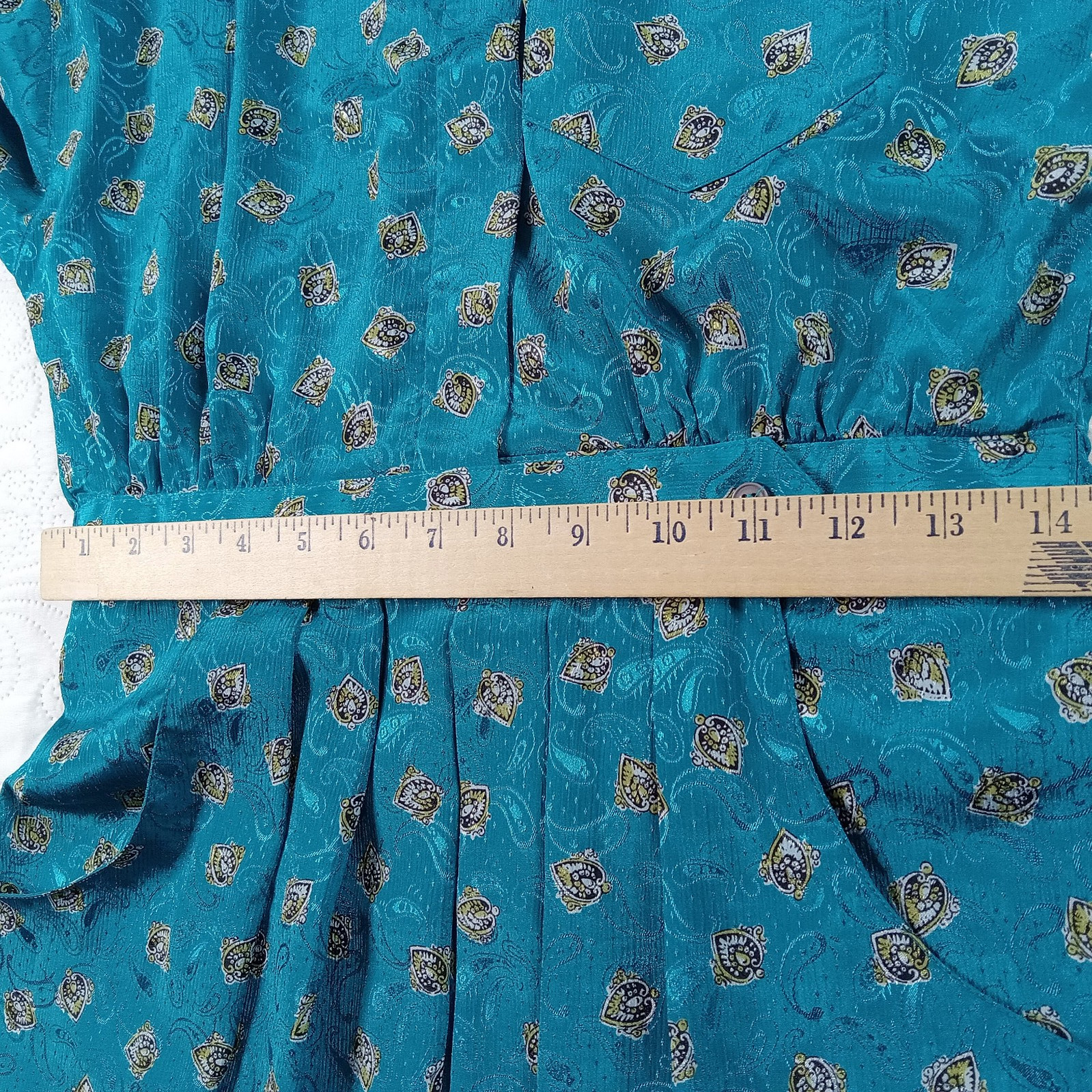 Schrader Petite Sport Shirtdress 6 Teal Paisley Pleated Banded Waist Vtg 80s EUC