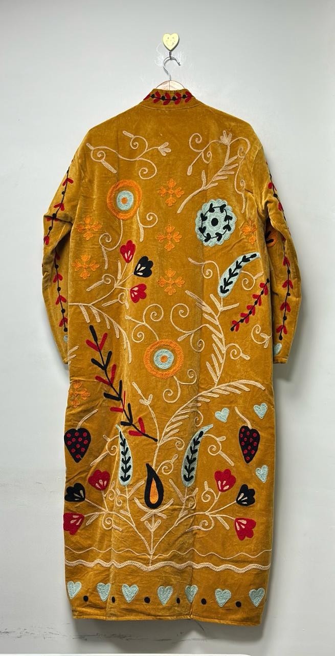 Mustard Velvet Suzani Coat Embroidered Floral Boho Long Gown & Boho Jackets US