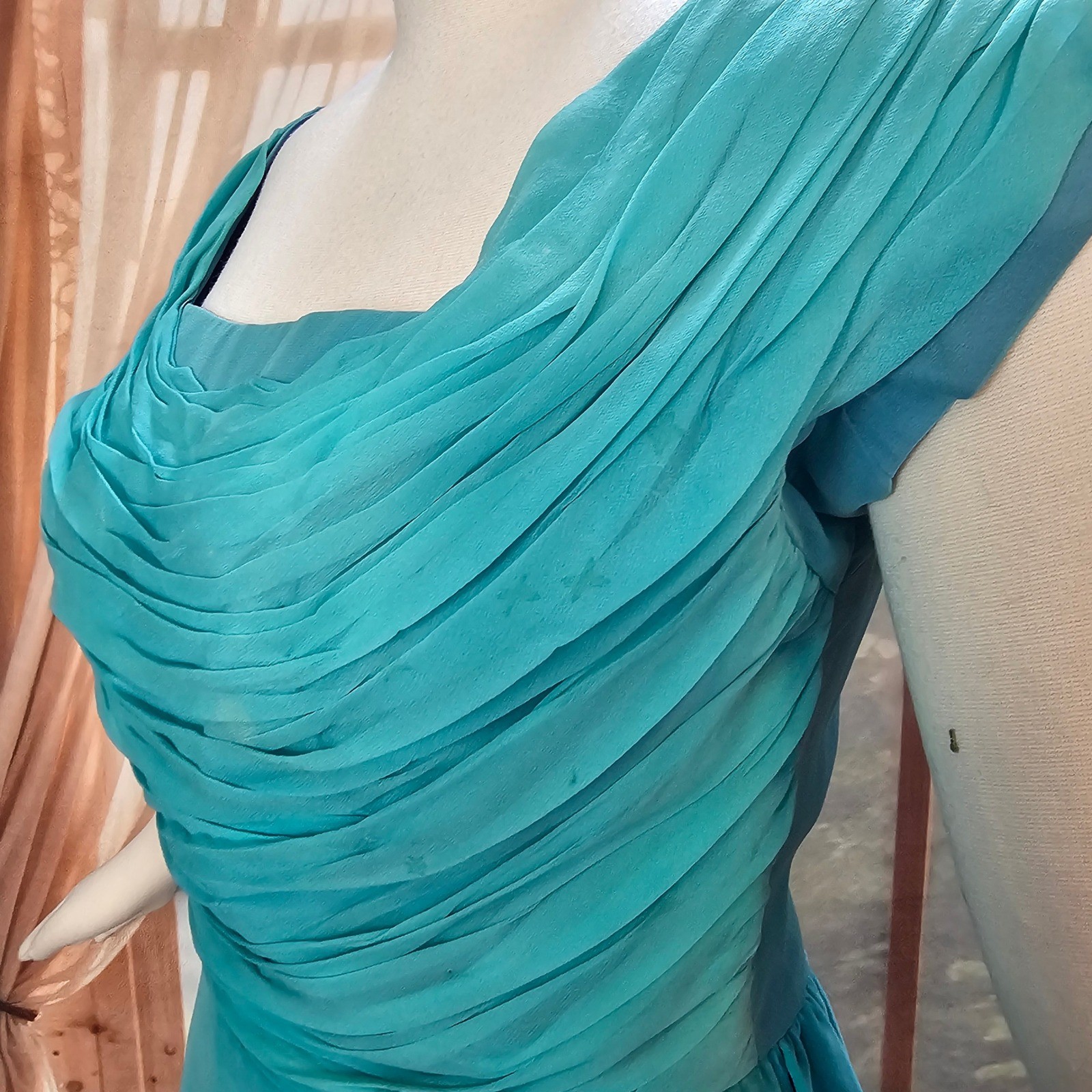 Vintage 1950s Dress Jay Herbert California Teal Ruched Draped Cocktail Formal