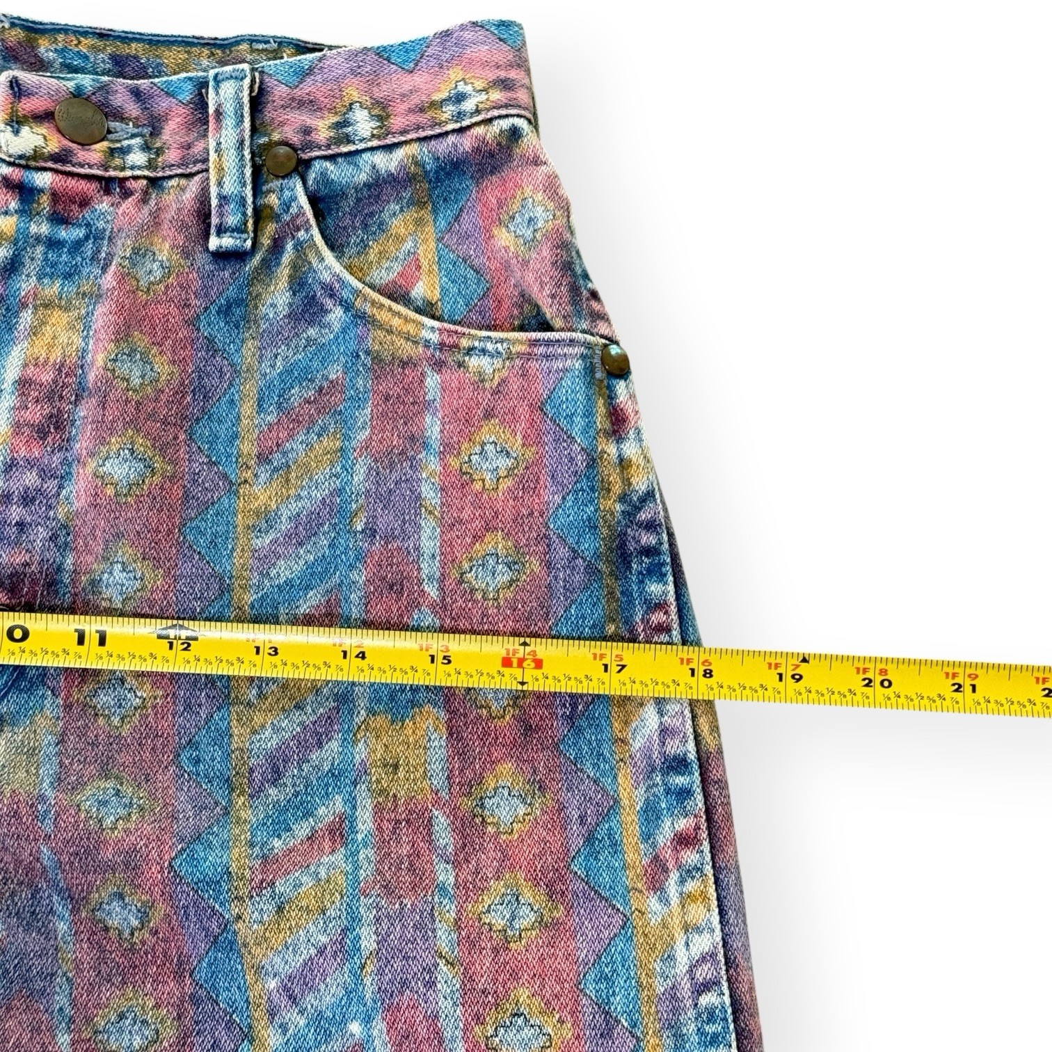 Vintage 80s Wrangler Aztec Print Jeans 14MWTZR Size 11 27×32 Made USA High Rise