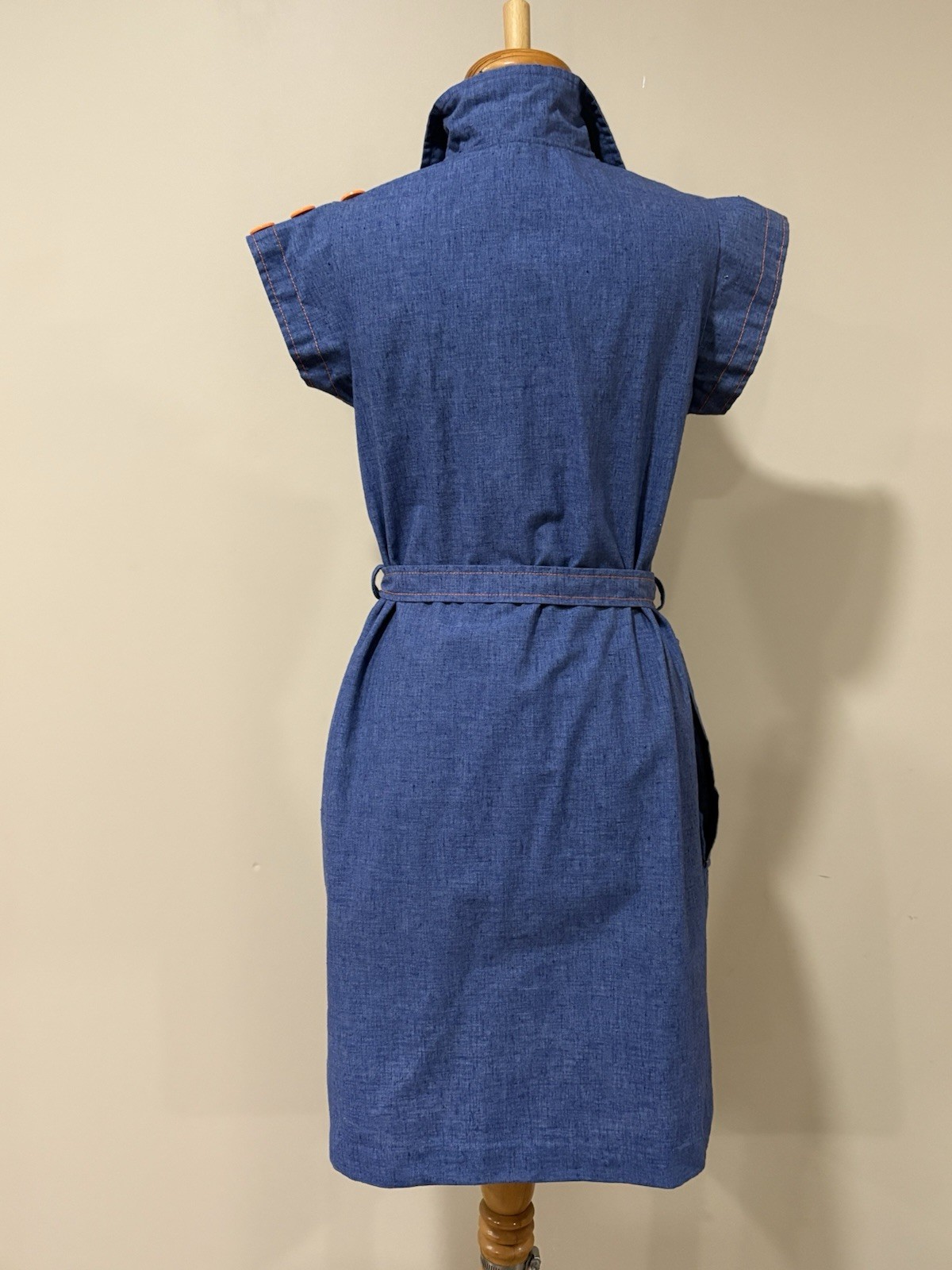 Vintage 70s Chambray Denim Mod Day Dress Mini Belted Pockets Contrast Stitch S