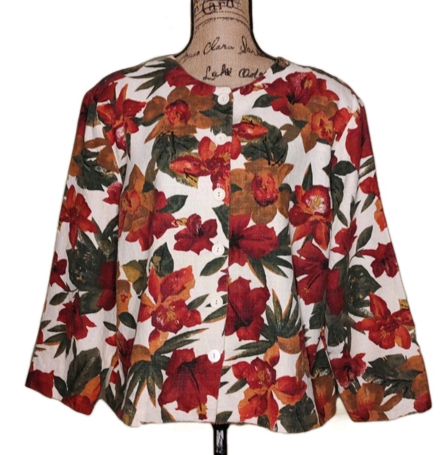 Plus Preferred – 100% Cotton Bold Floral Textured Button Up Jacket – Women’s 22W