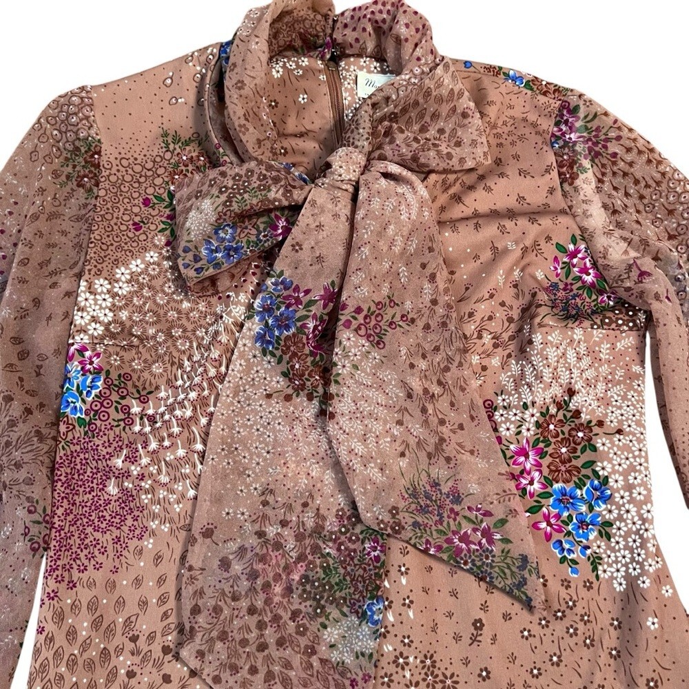 Vintage 60’s Floral Polyester PussyBow Blouse Size 10