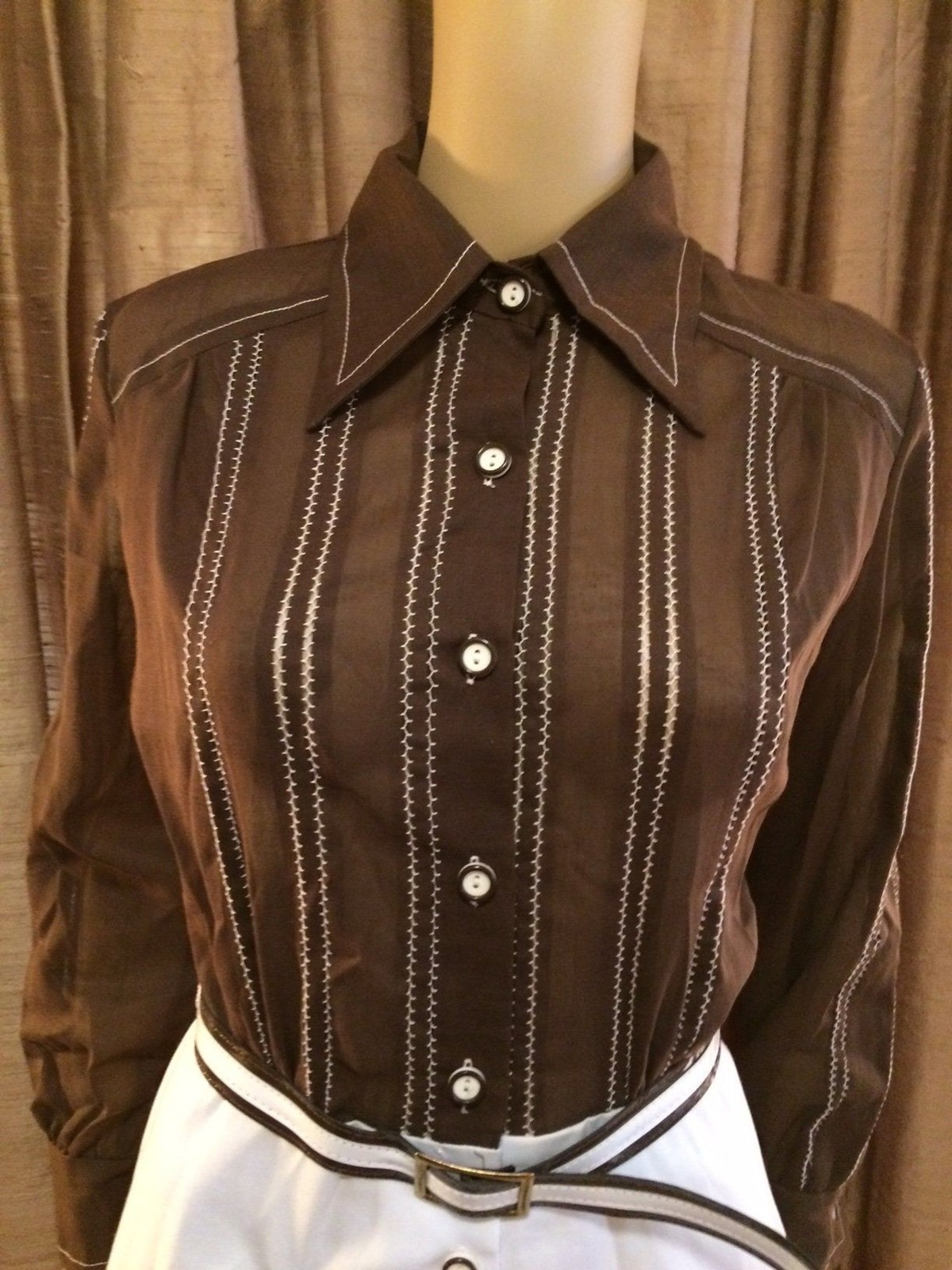 Kenny Classics 60s Sheer Brown Blouse w/Solid White Skirt Accent Stitching-Sz 8