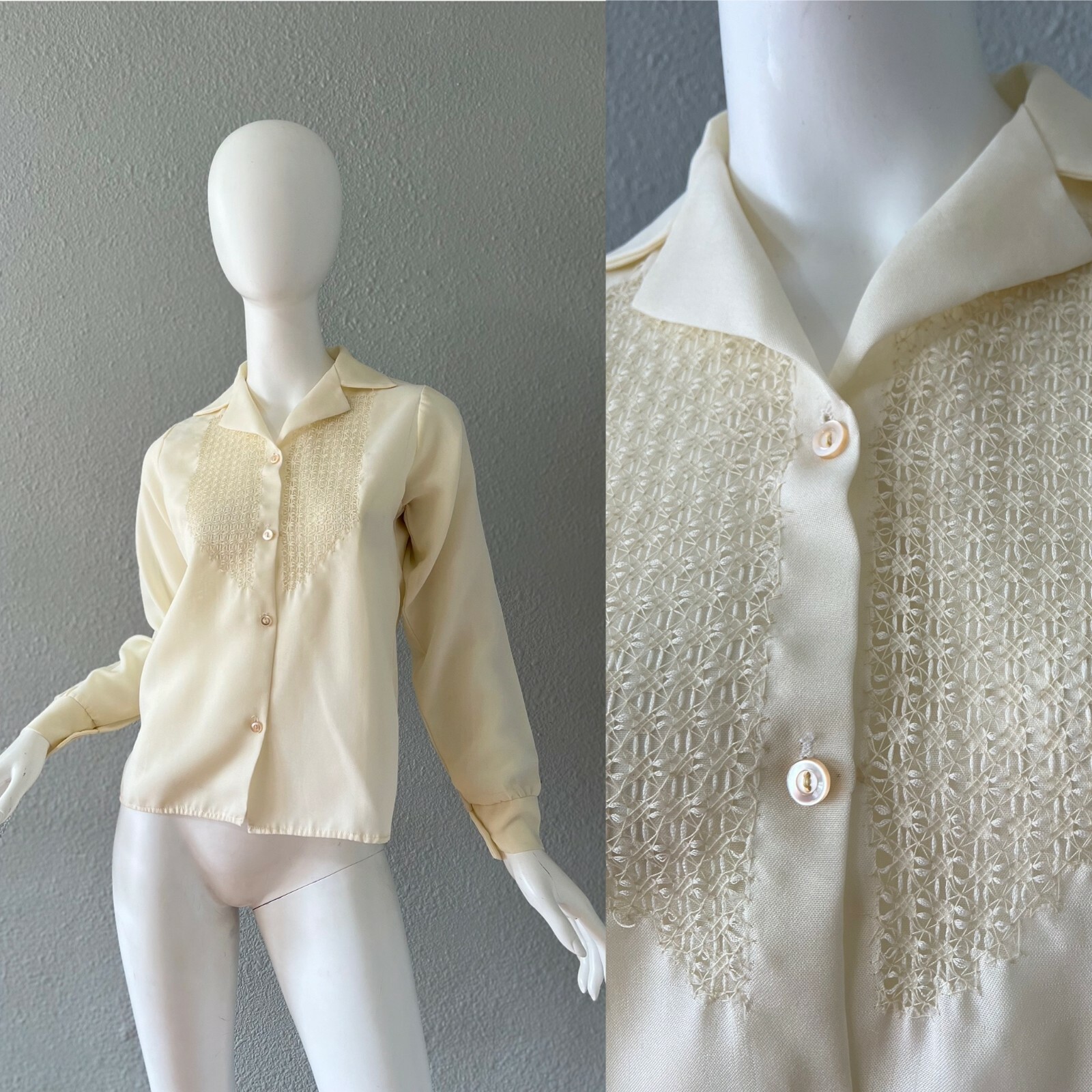 Vintae 70s Ivory Boho Semi Sheer Button Retro Disco Blouse Top S