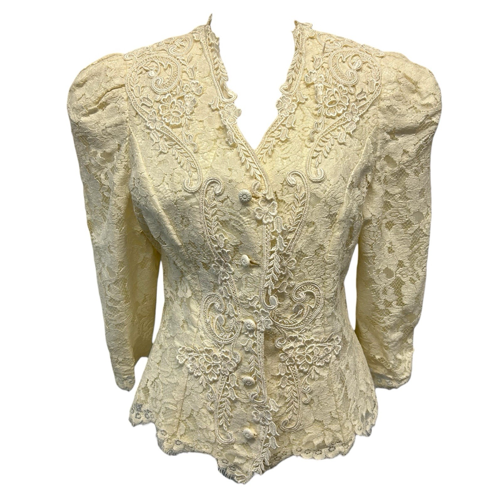 Vintage 80s Cachet by Bari Protas Ivory Fitted Lace Jacket Women’s Sz 12/M