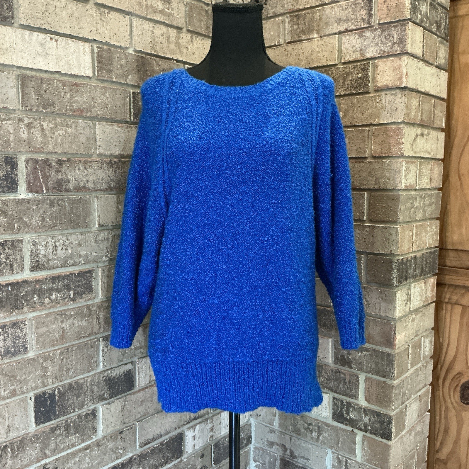 Vintage Beldoch Popper Womens Sz L Blue Boucle Knit Sweater Batwing Sleeve #26F3