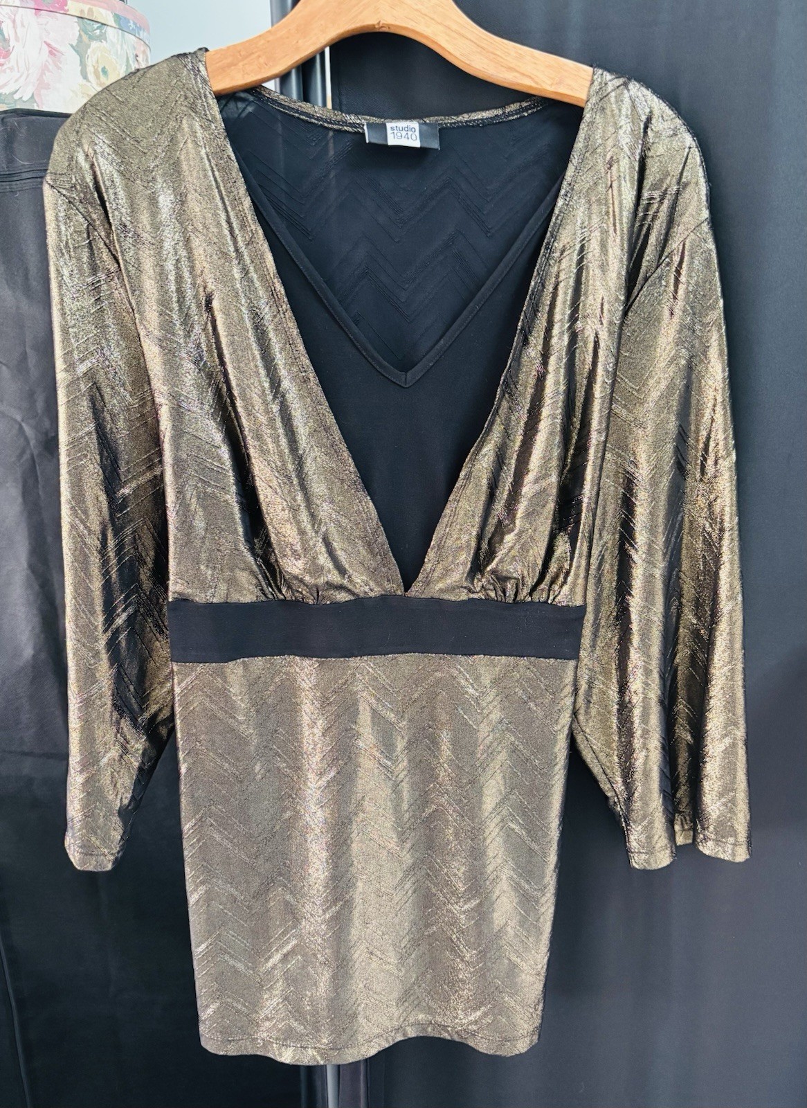 Disco 70s 80s Gold Tunic Black Stretchy Vintage Sz XL