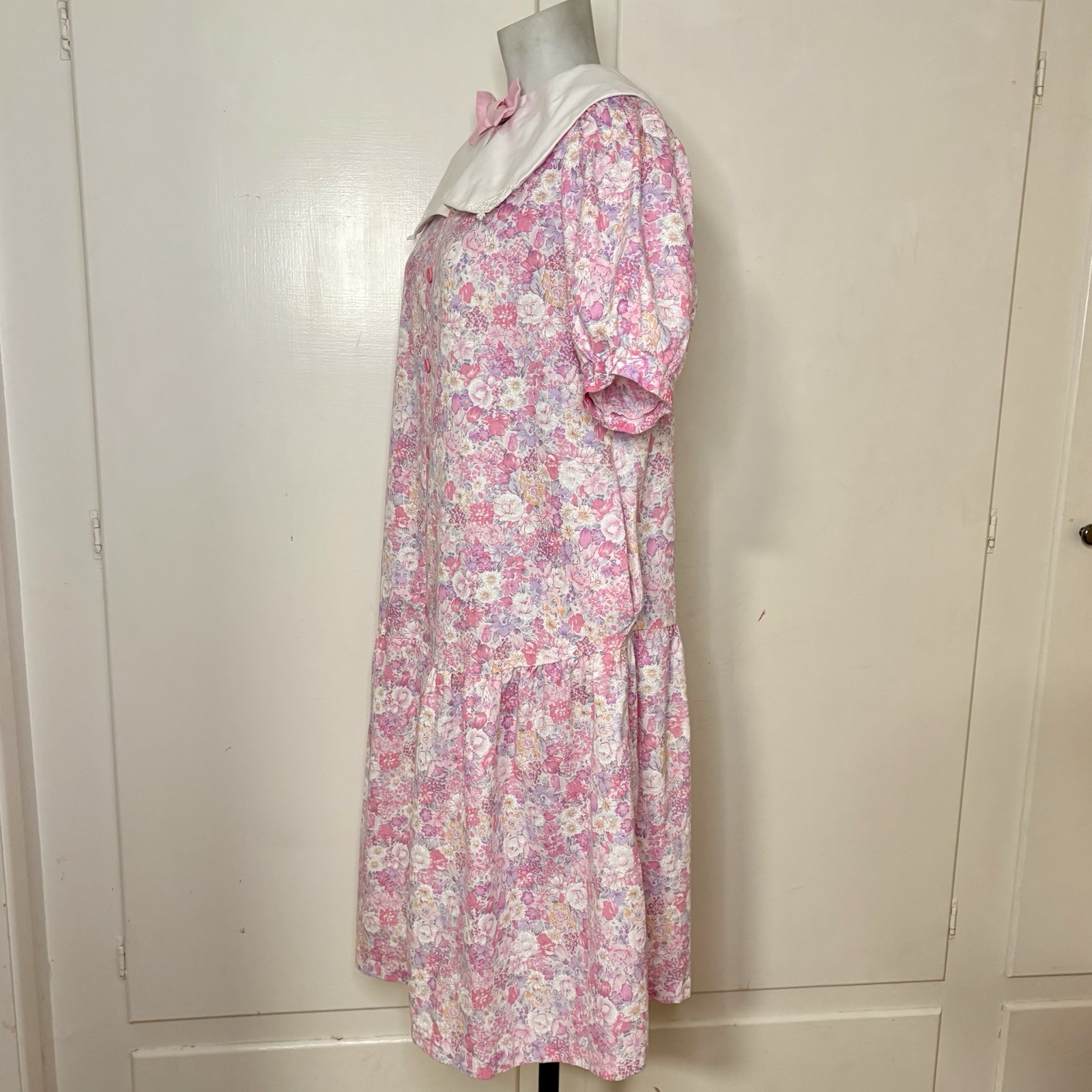 Vintage 80s Take Nine Maternity Pink Floral Print Cottagecore Collared Dress