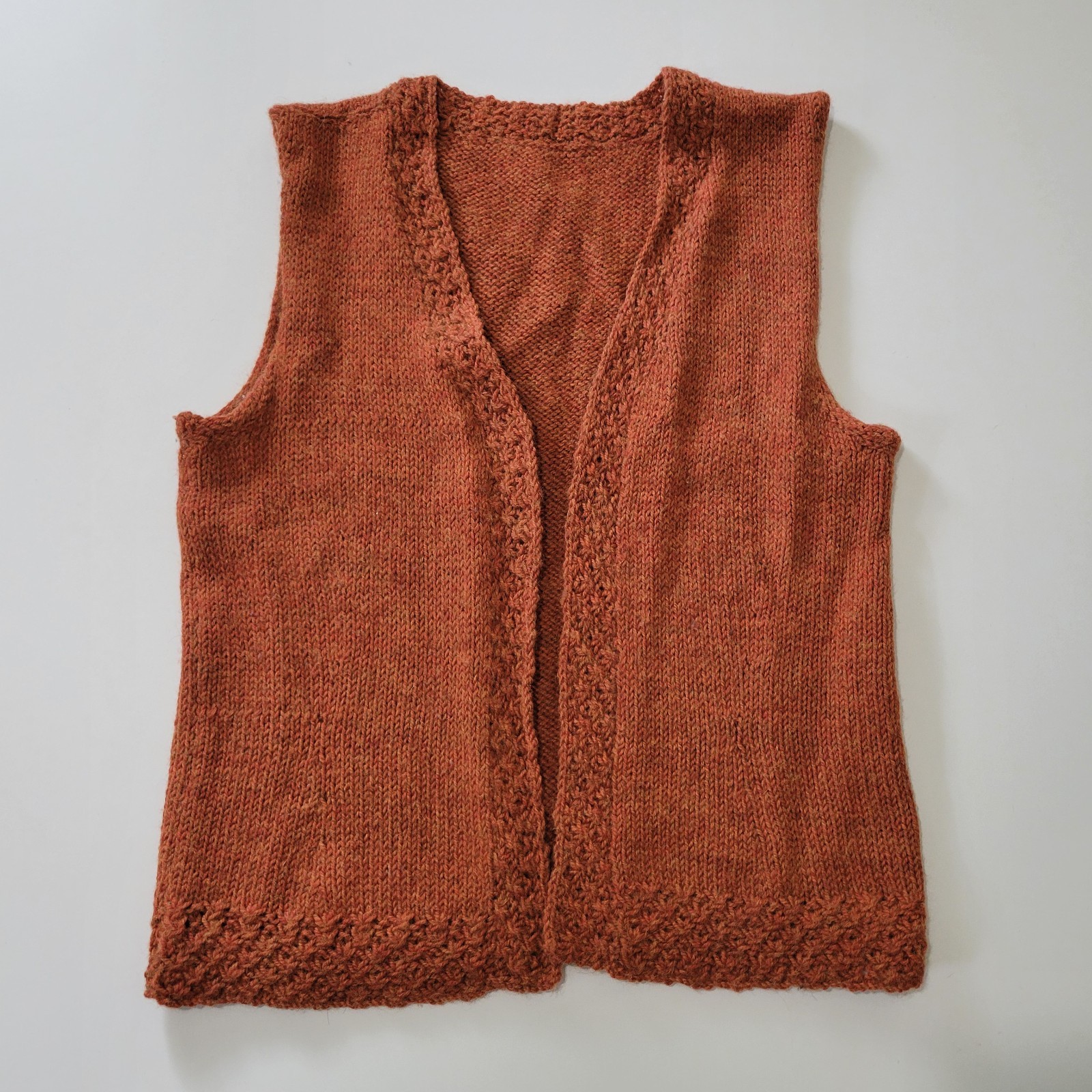 Vintage Vest Open Front Knit Sweater Cable Detail Rust Brown Boho Earthy