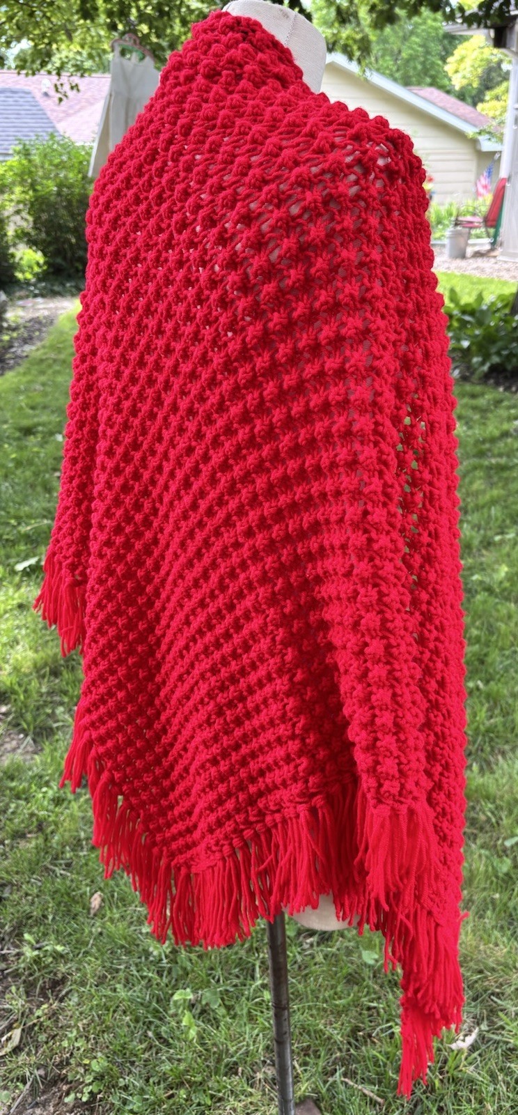 VTG Retro Shawl Boho Mod Handmade Crochet RED Poncho Wrap Fringe 40×80″