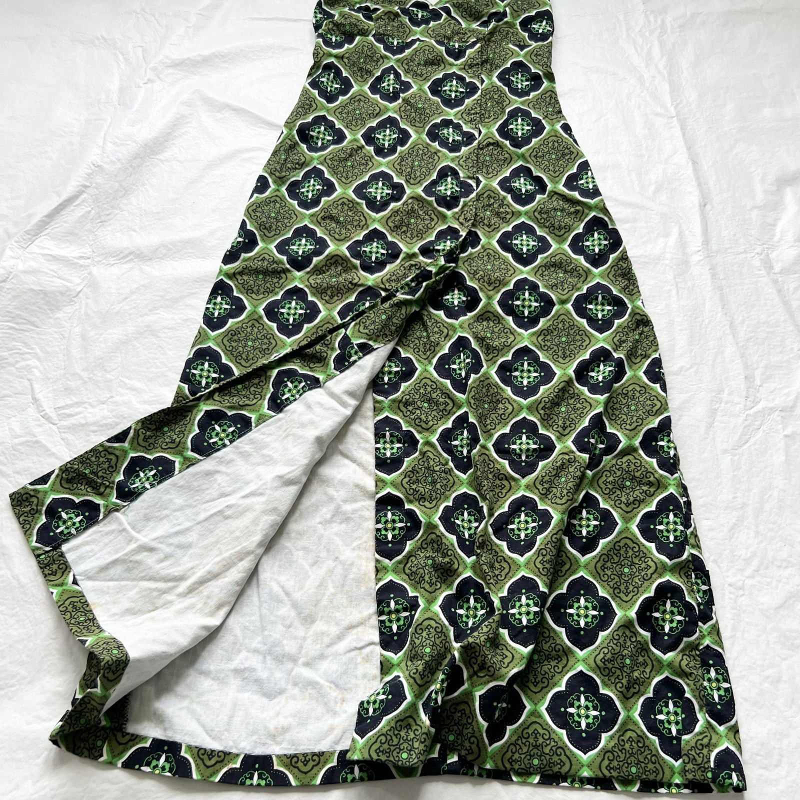 Vintage homemade dress halter neck maxi green black floral sleeveless size 6