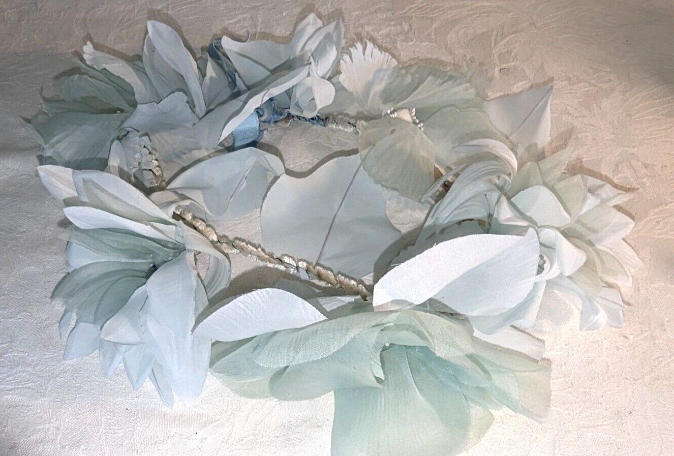 Gorgeous Vintage 40s 50s NOS Light Blue Chenille & Silk Flowers Headband Hatband