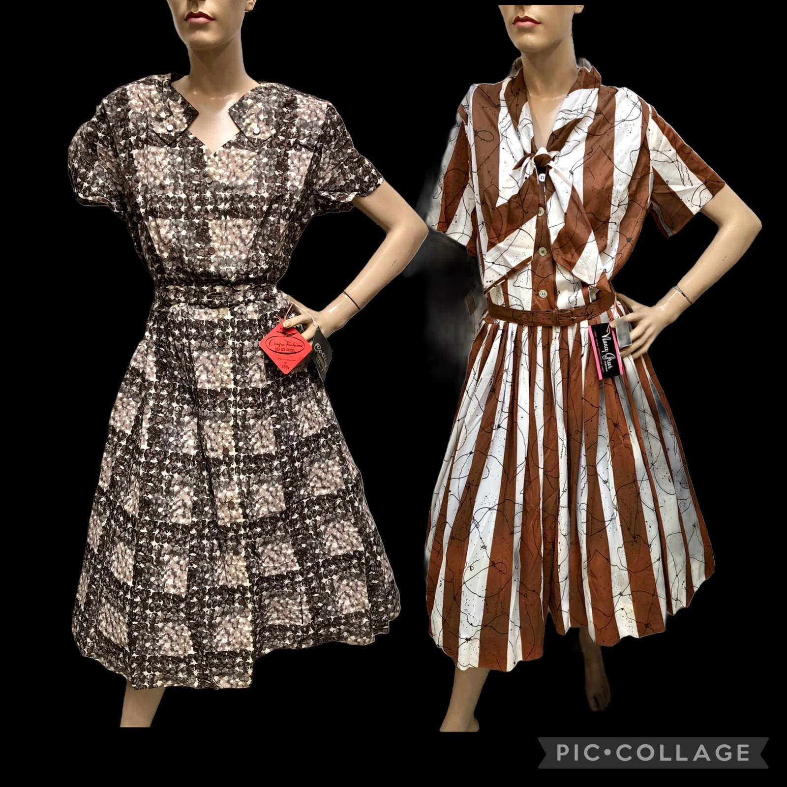 LOT 2) VTG 1960s DEADSTOCK w/TAGS MID-CENTURY SHIRTWAIST DRESSES Scribble Print+