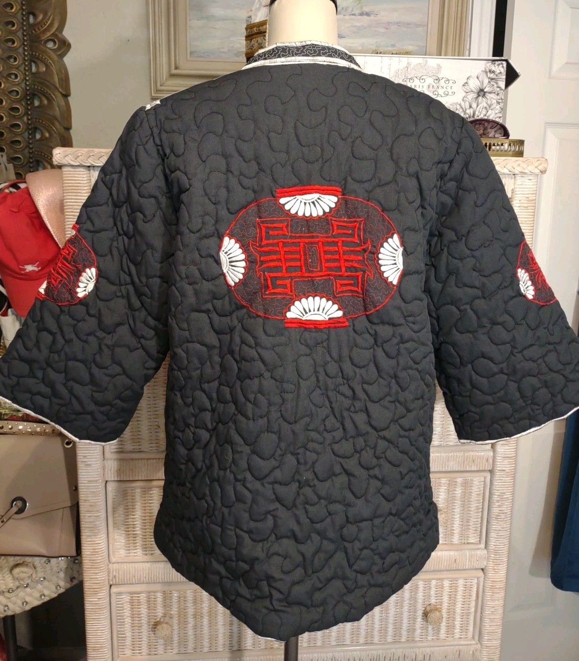 Oriental Mandarin Dragons Embroidery Quilted Cotton Blend Jacket Black L