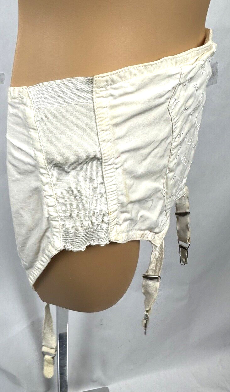 Vintage Girdle Corset Garters White Belt Metal Clip Embroidered